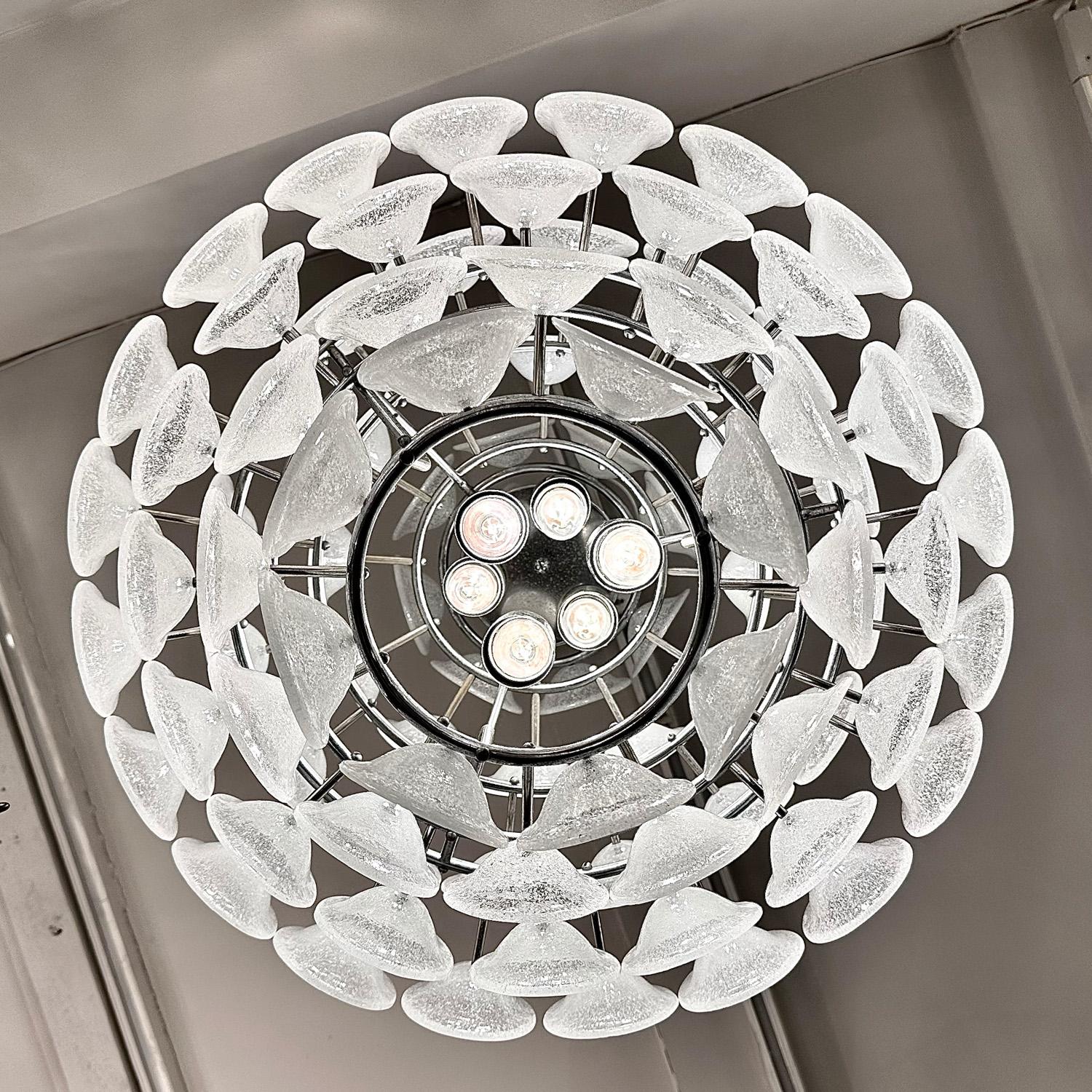 Late 20th Century Vistosi Murano Pulegoso Glass Cup and Chrome Tiered Chandelier 1970s For Sale
