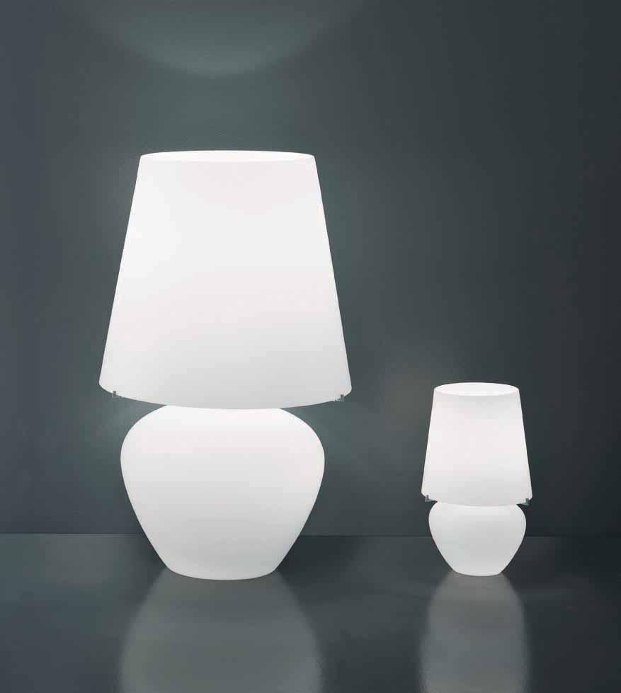 Table lamp with a recognizable design that maximizes the quality of the satin-finish glass. Lighting in both the shade and base. E26 lighting.
 