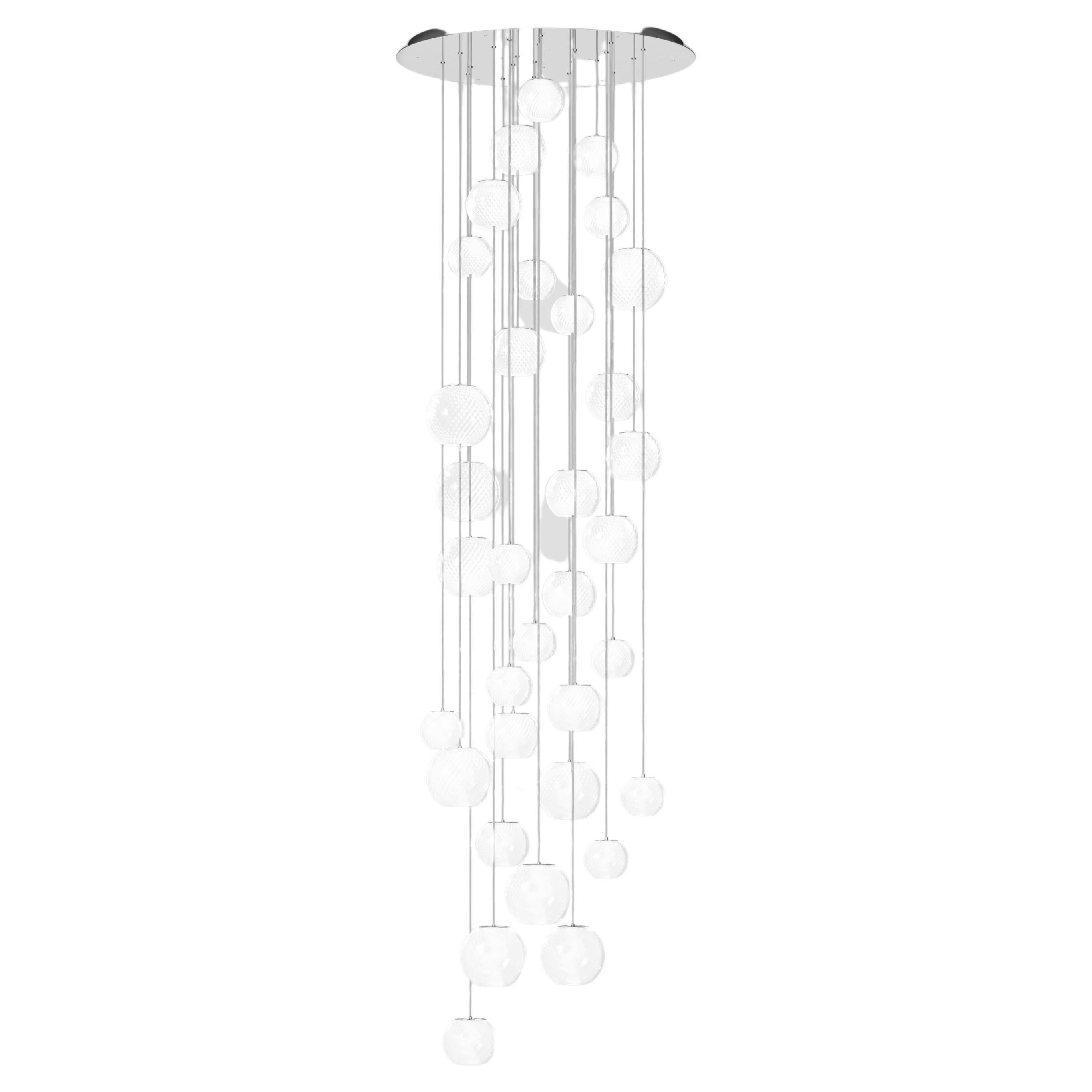 Lampe à suspension Vistosi en verre rayé blanc et cadre en acier miroir