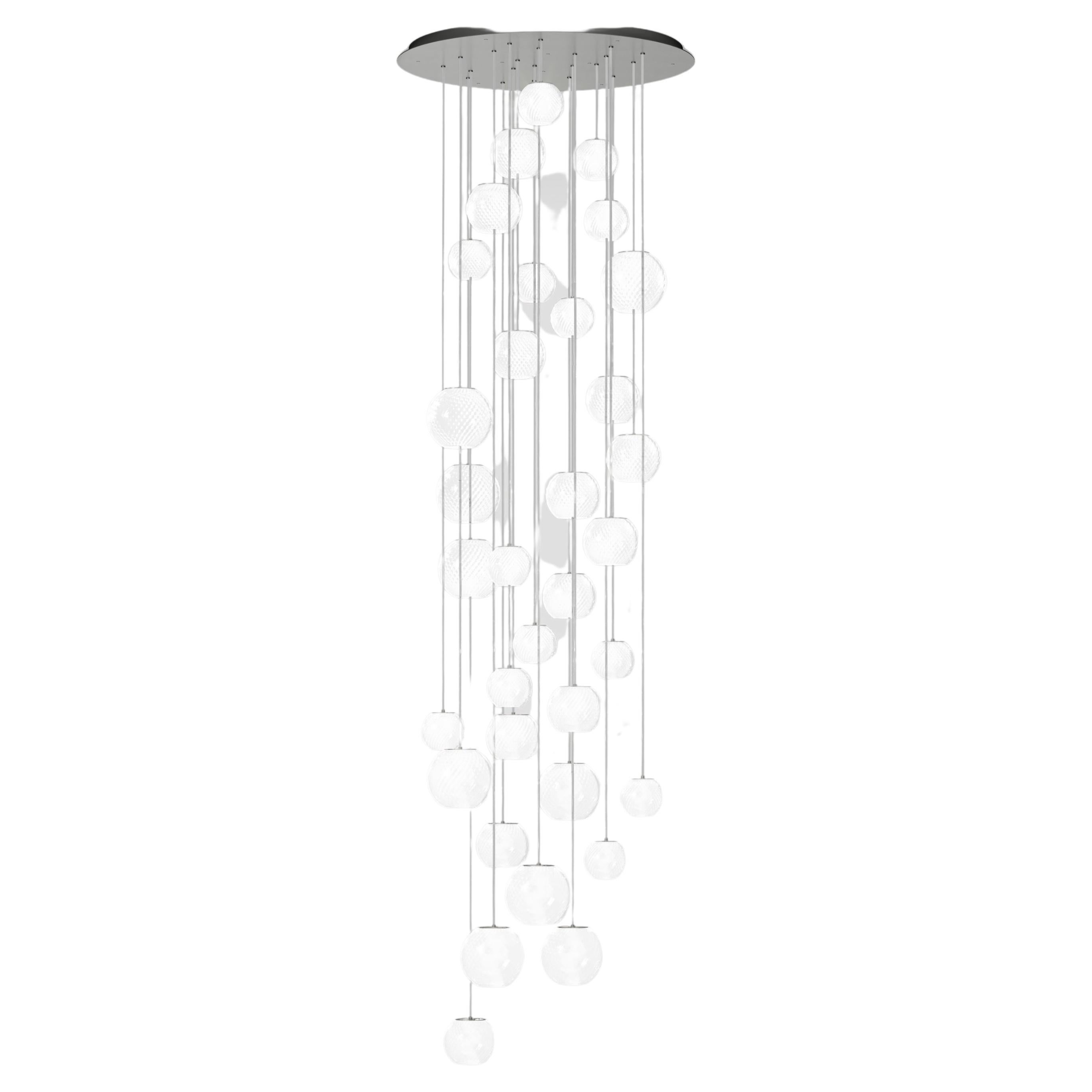 Vistosi Oto Pendant Light in White&Clear Striped Glass And Satin Nickel Frame For Sale