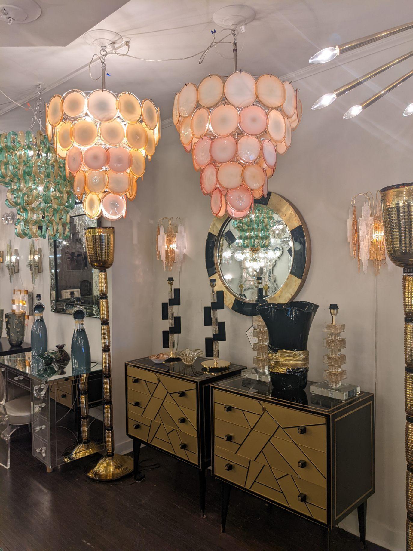 Murano Glass Vistosi Pair of Glass Disc Chandeliers, 1970s