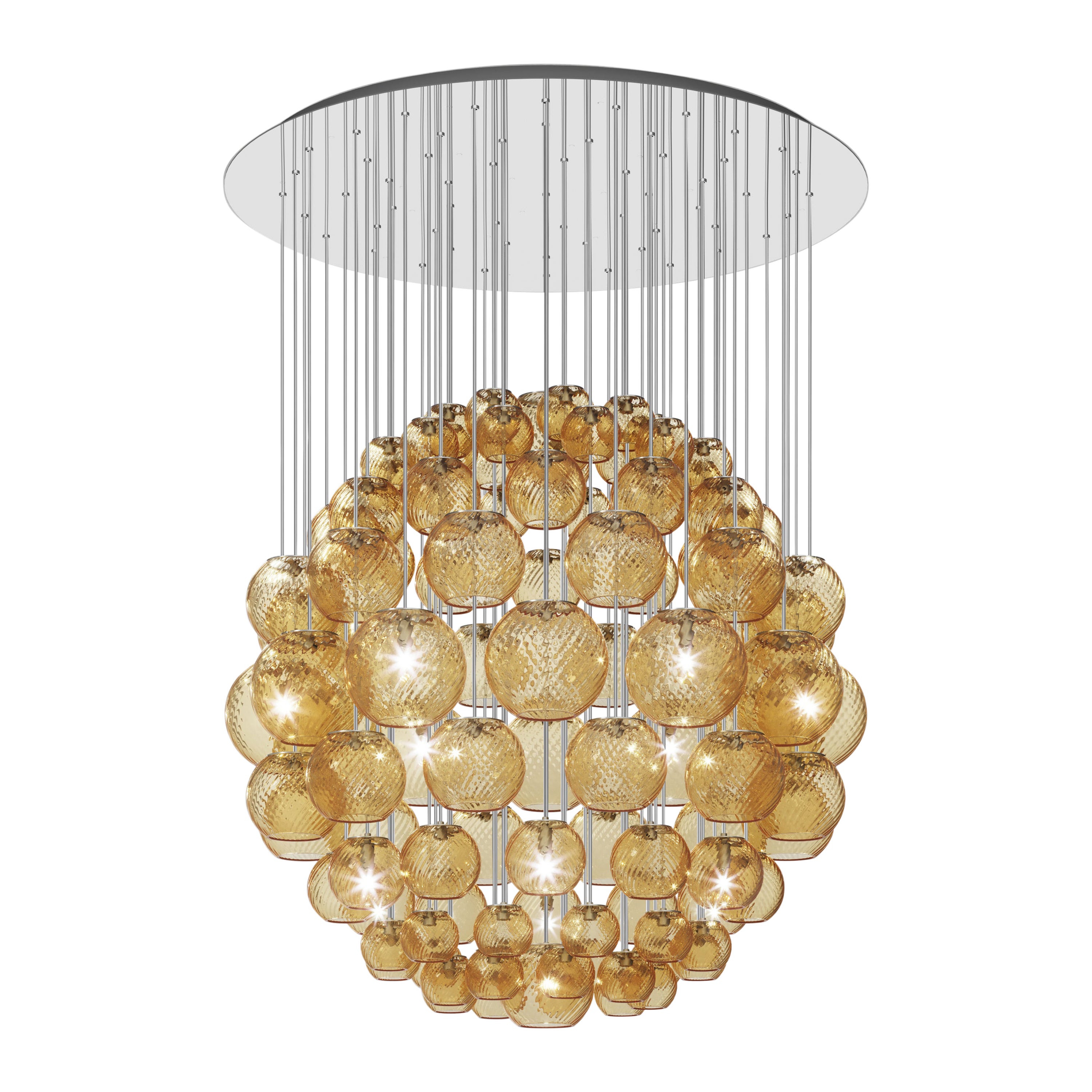 Lampe à suspension Vistosi en verre rayé ambré et cadre en acier miroir