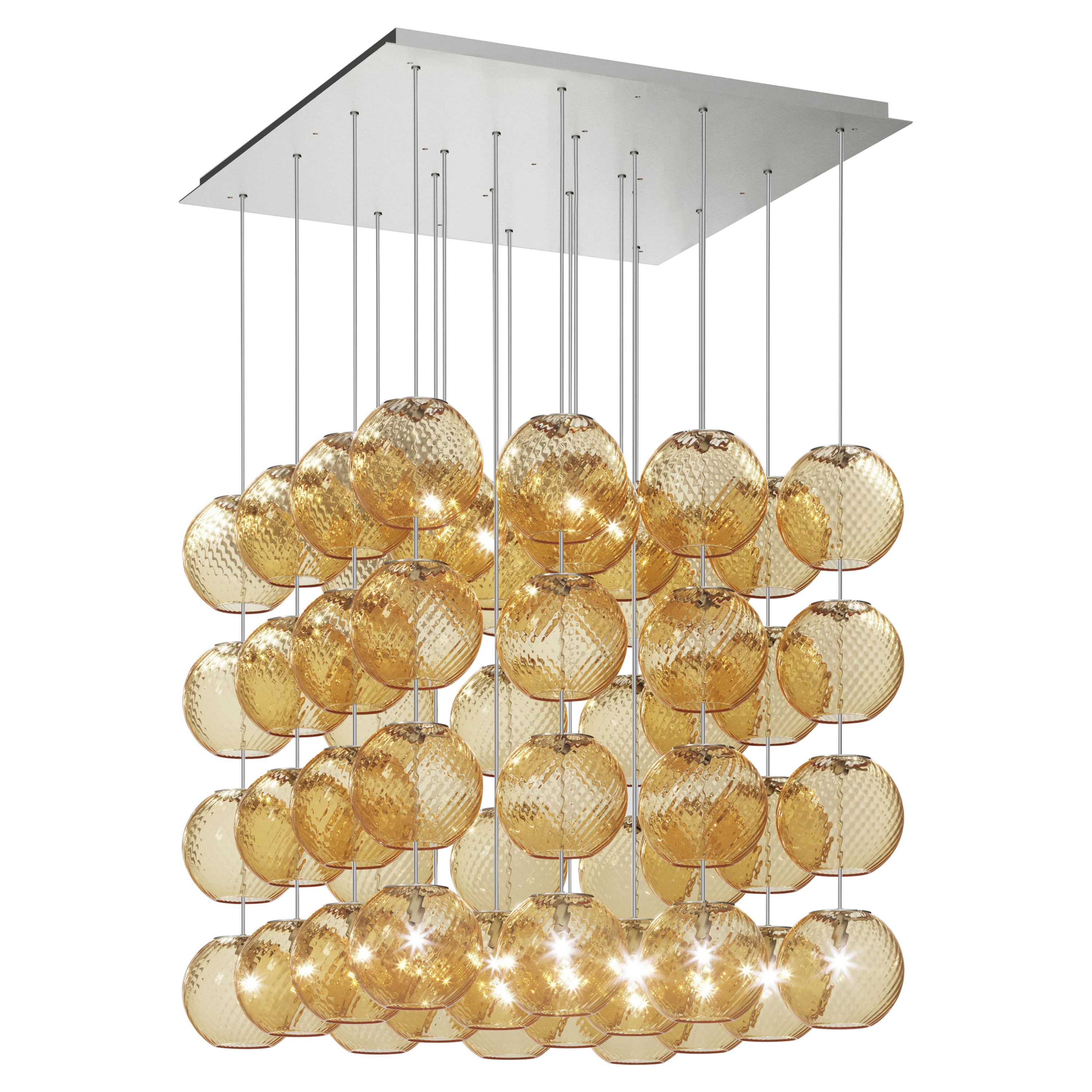 Lampe à suspension Vistosi en verre rayé ambré et cadre en nickel satiné