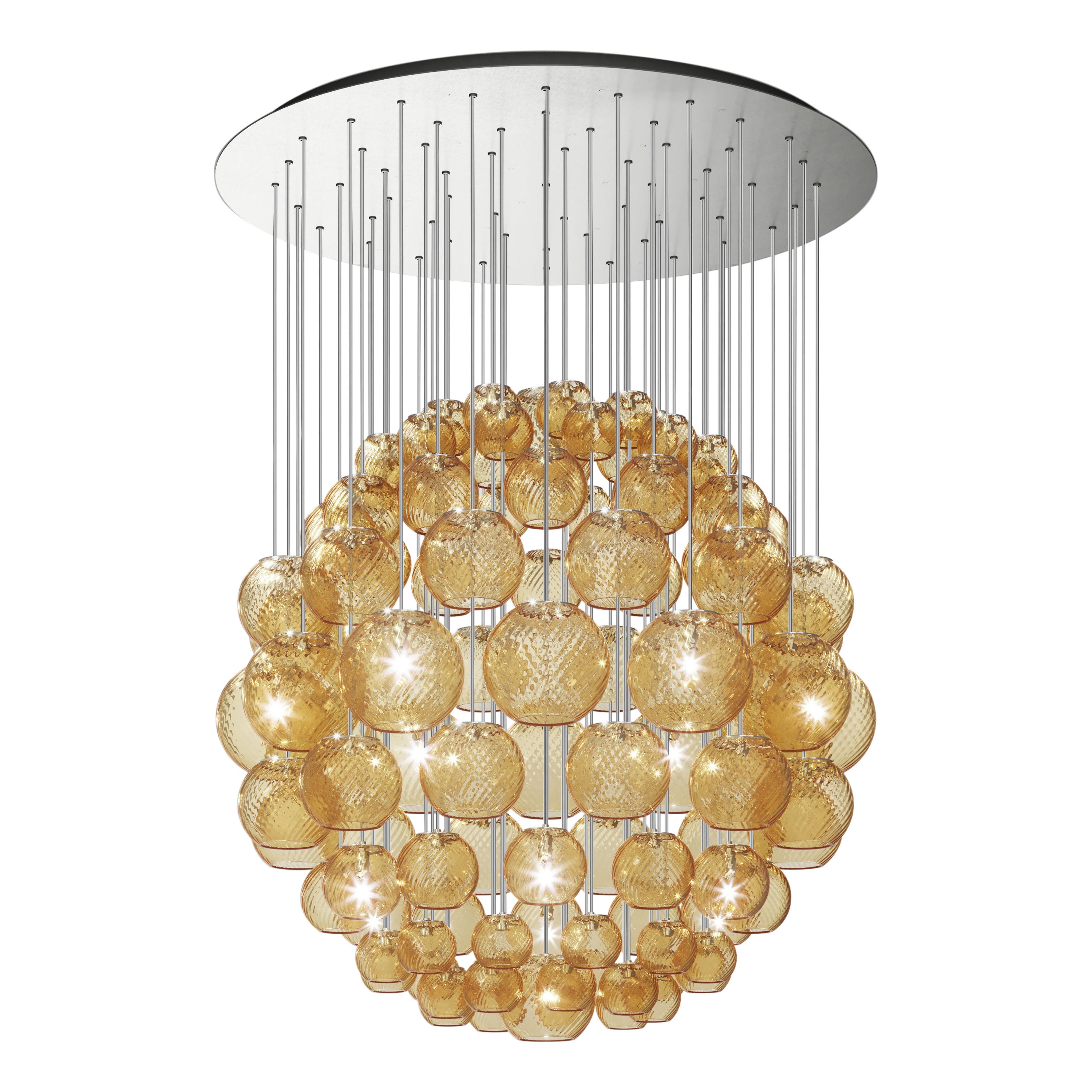 Lampe à suspension Vistosi en verre rayé ambré et cadre en nickel satiné