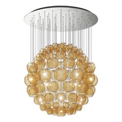 Lampe à suspension Vistosi en verre rayé ambré et cadre en nickel satiné
