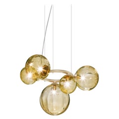 Vistosi-Pendelleuchte aus bernsteinfarbenem, transparentem Glas und mattem Goldrahmen