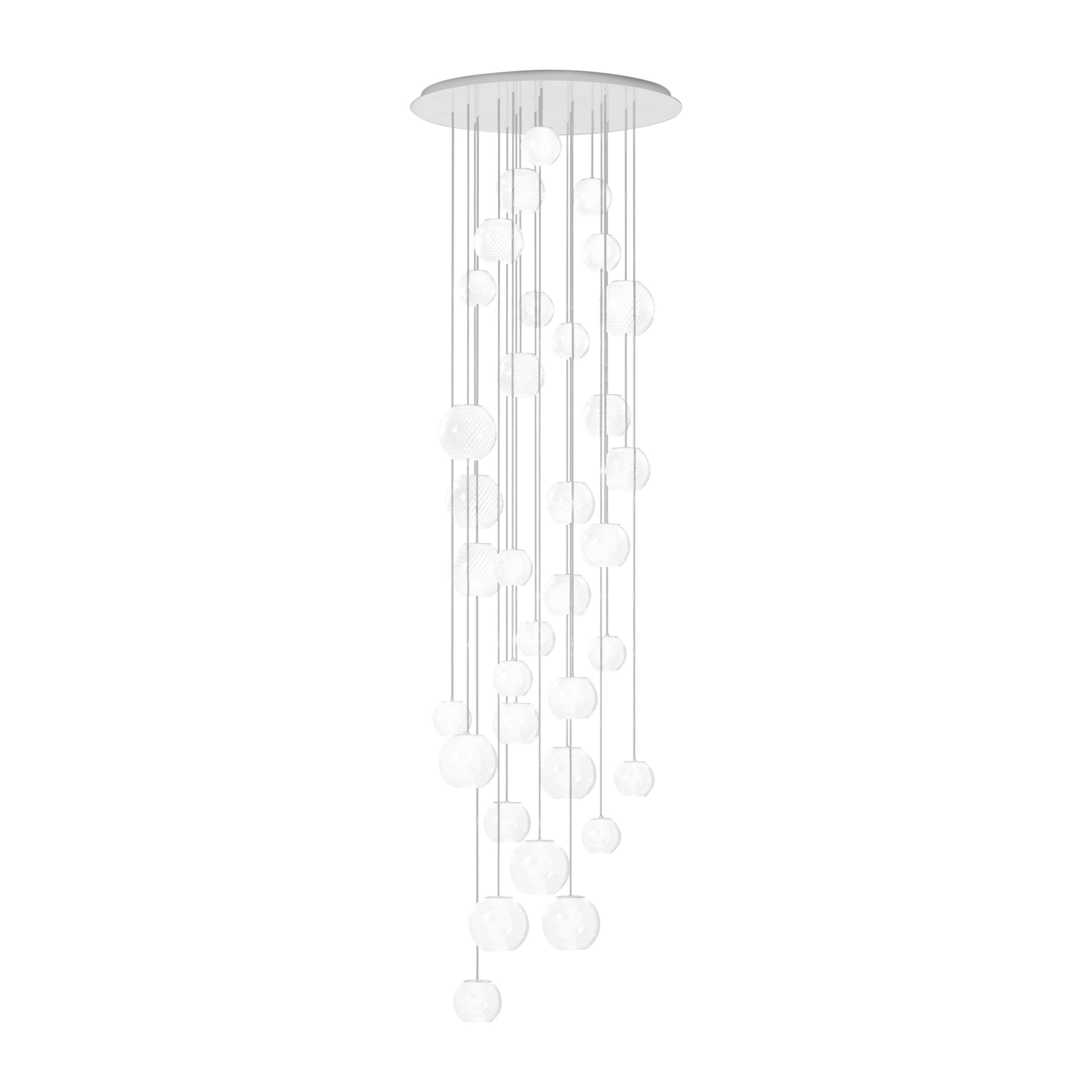 Lampada a sospensione Vistosi con vetro bianco a righe e cornice bianca lucida