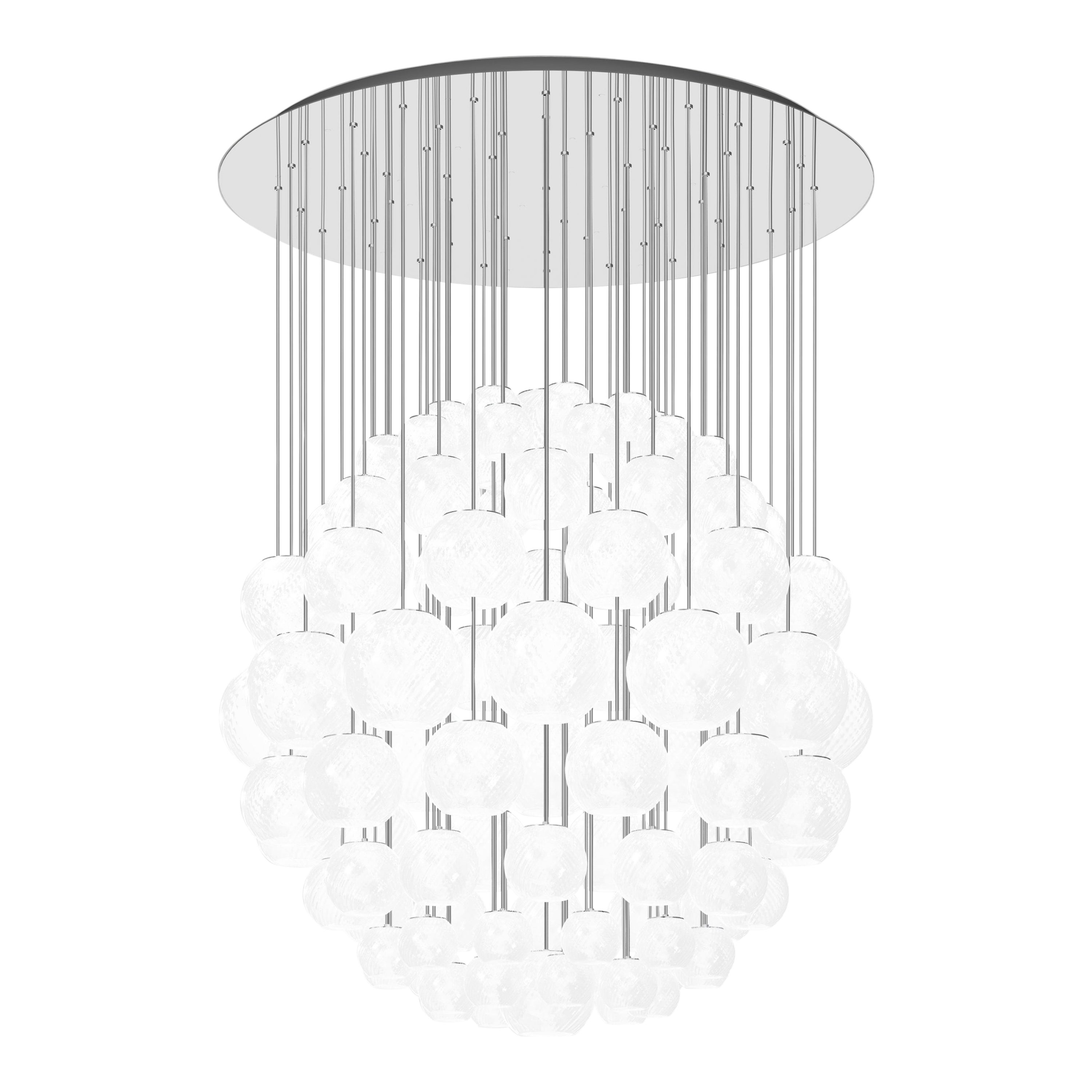Lampe à suspension Vistosi en verre rayé blanc et cadre en acier miroir