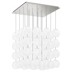 Lampe à suspension Vistosi en verre rayé blanc et cadre en nickel satiné