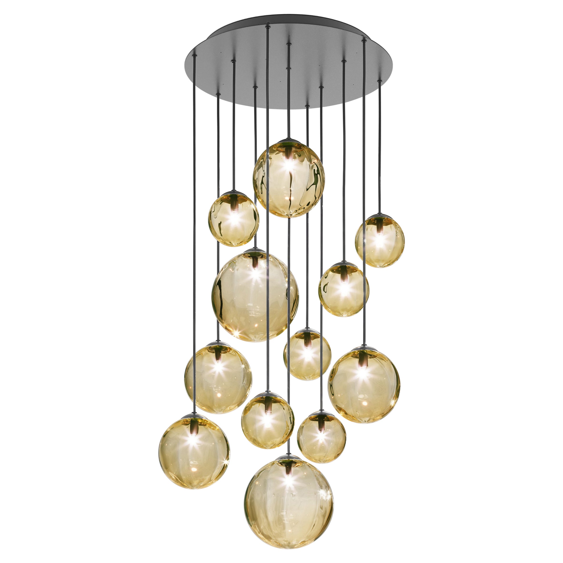 Vistosi Puppet Multipendant Light in Amber Transparent Glass & Matte Black Frame