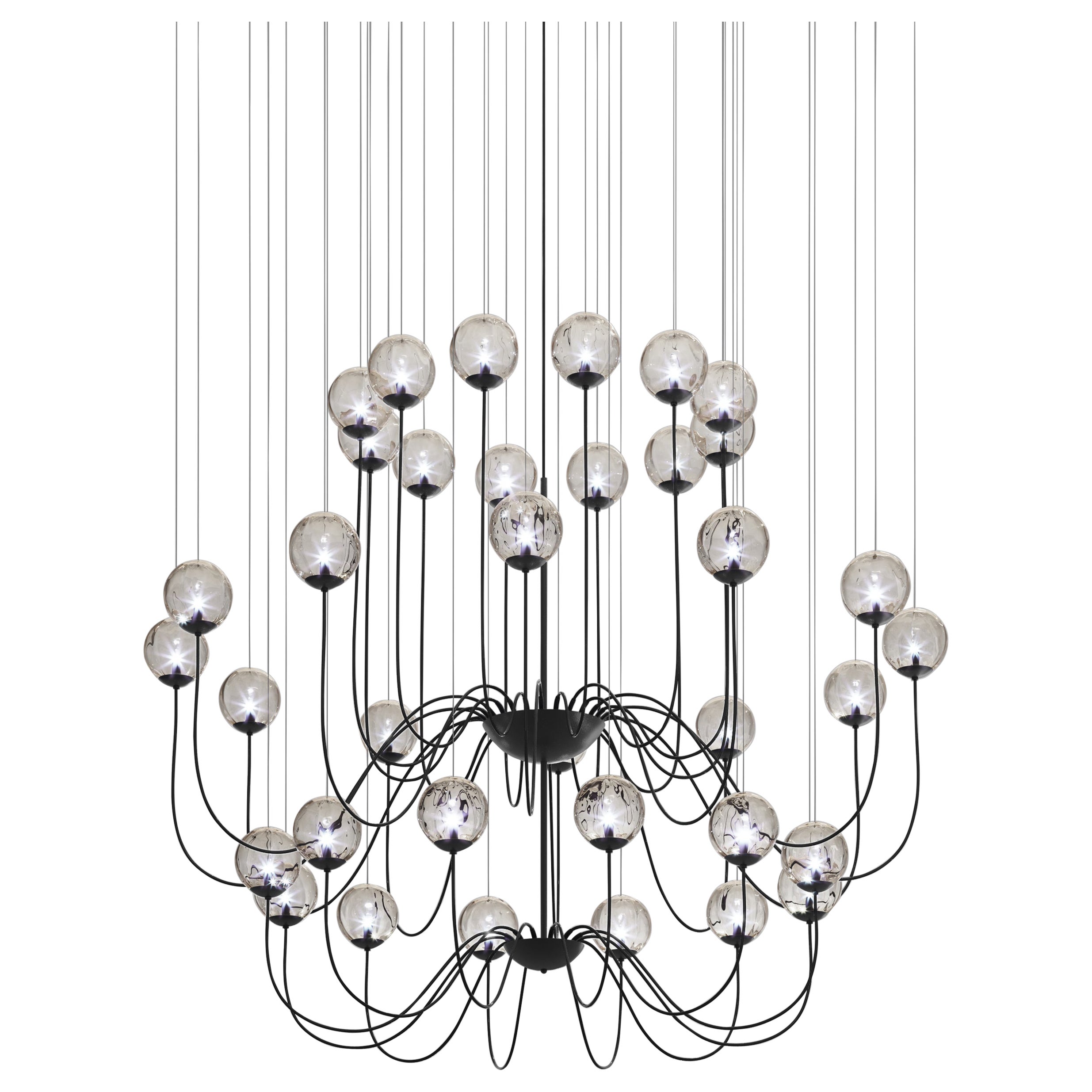 Vistosi Puppet Pendant Light in vetro trasparente fumé e montatura nera opaca