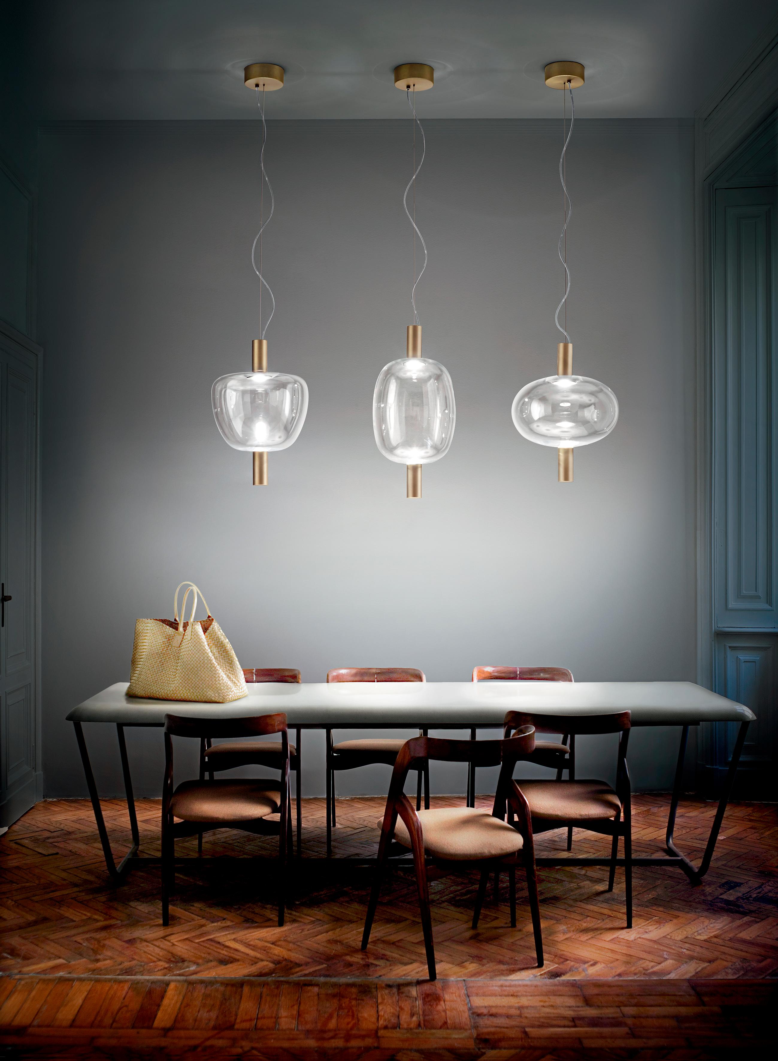 Contemporary Vistosi Riflesso Pendant Light in Crystal Transaprent Glass & Matt Copper Frame For Sale