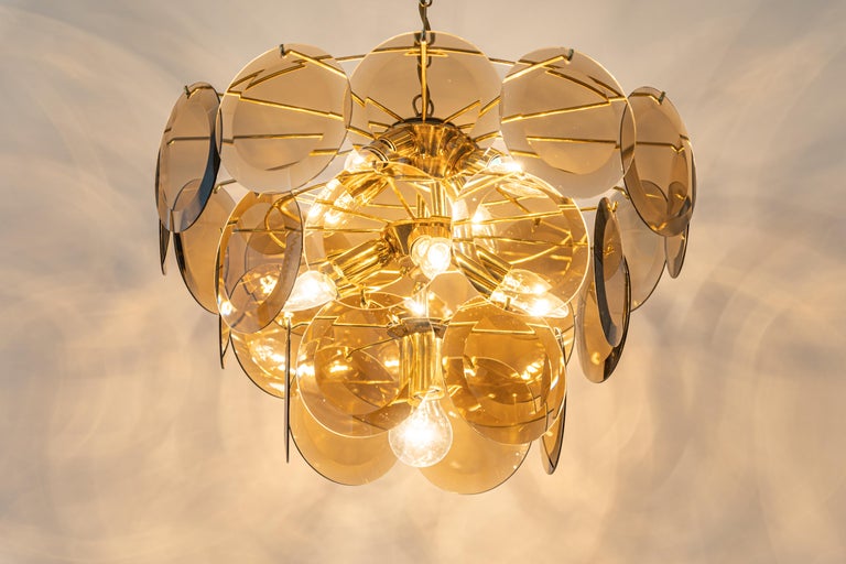 Brass Vistosi Smoked Glass Disc Chandelier, Italy, 1960s For Sale