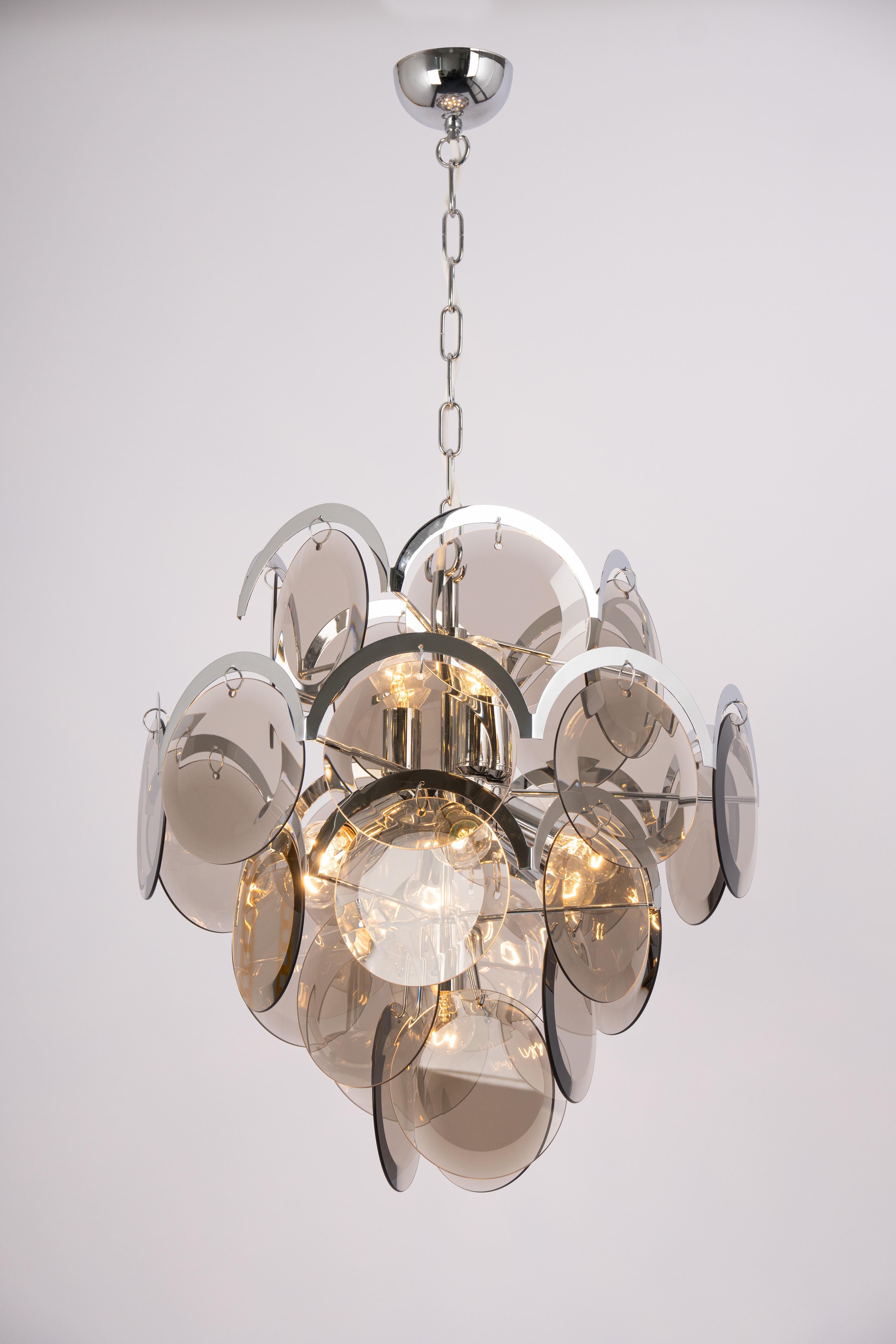 Vistosi Smoked Glass Disc Chrome Chandelier, Italy, 1970s For Sale 4