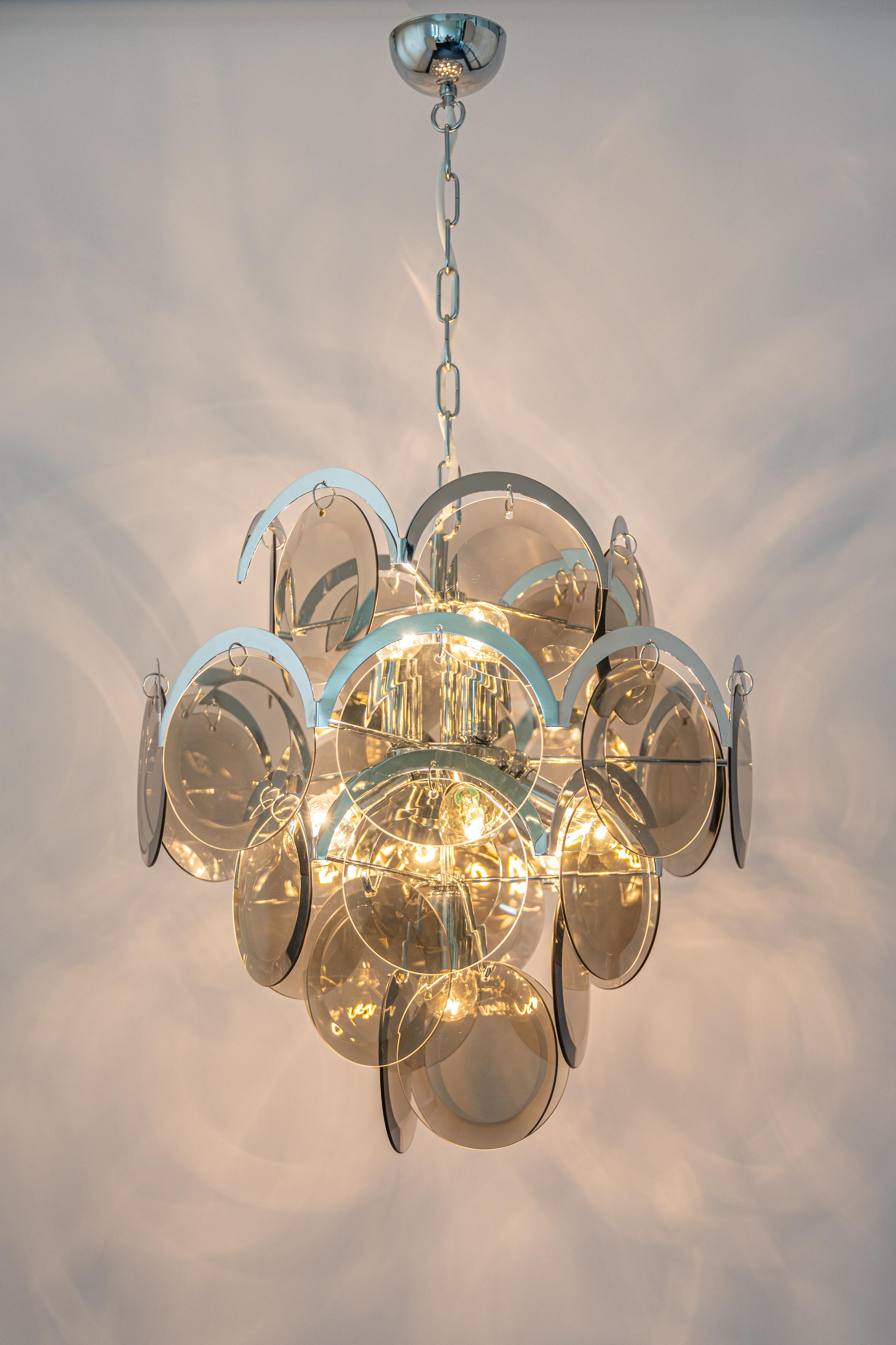 Late 20th Century Vistosi Smoked Glass Disc Chrome Chandelier, Italy, 1970s For Sale