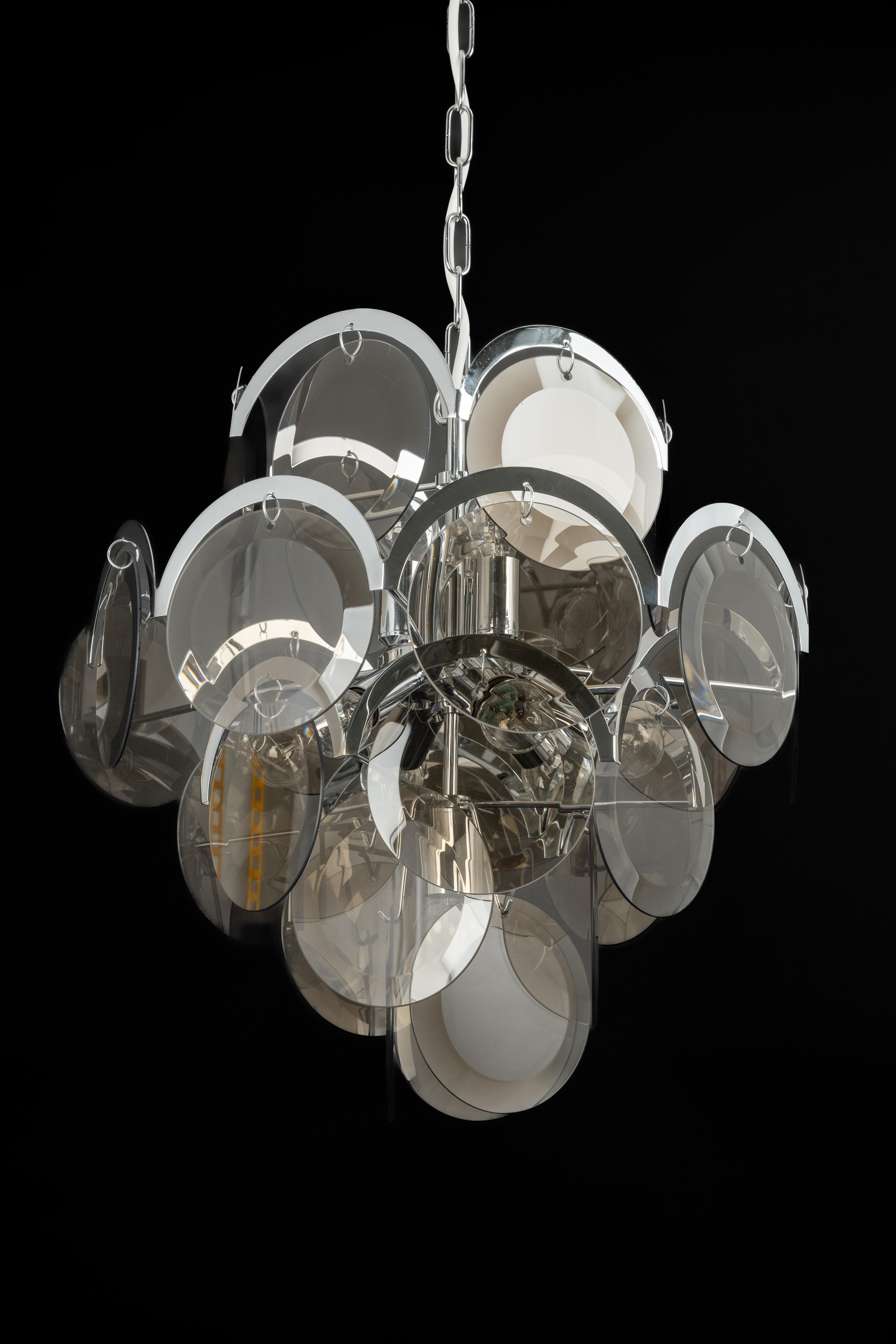 Vistosi Smoked Glass Disc Chrome Chandelier, Italy, 1970s For Sale 1