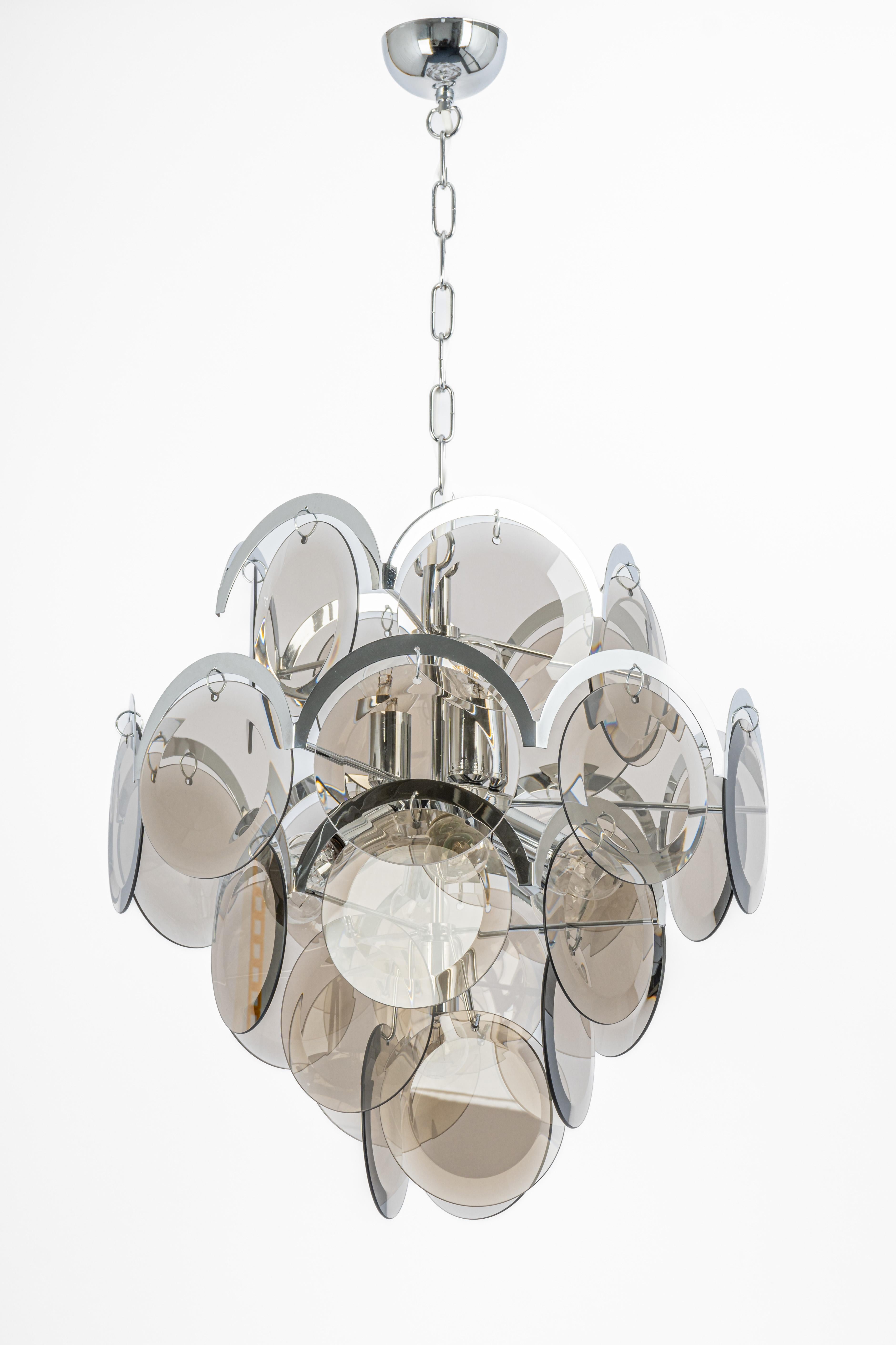 Vistosi Smoked Glass Disc Chrome Chandelier, Italy, 1970s For Sale 3