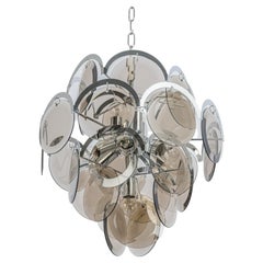 Vintage Vistosi Smoked Glass Disc Chrome Chandelier, Italy, 1970s