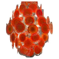 Vistosi Vibrant Orange & Clear Murano Glass Disc Chandelier 1970s