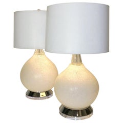 Vistosi White Textured Murano Glass with Chrome & Lucite Base Table Lamps, Pair