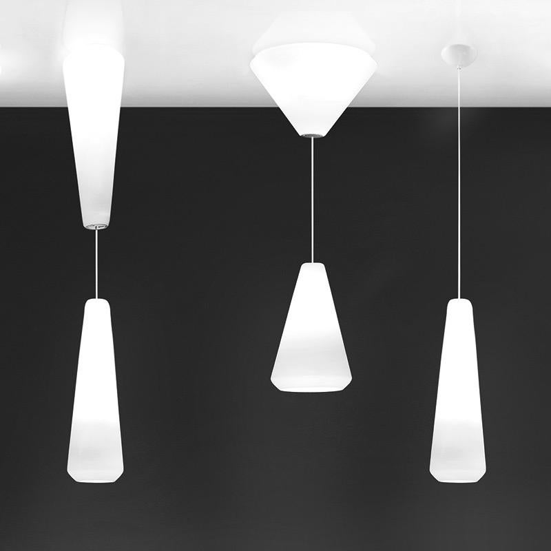 A collection of five single elements in matt-finish blown glass, which can be installed as pendants or ceiling fixtures and are ideal for energy saving bulbs. The double glass versions allow a double
switch system. 

Specifications: 
Light