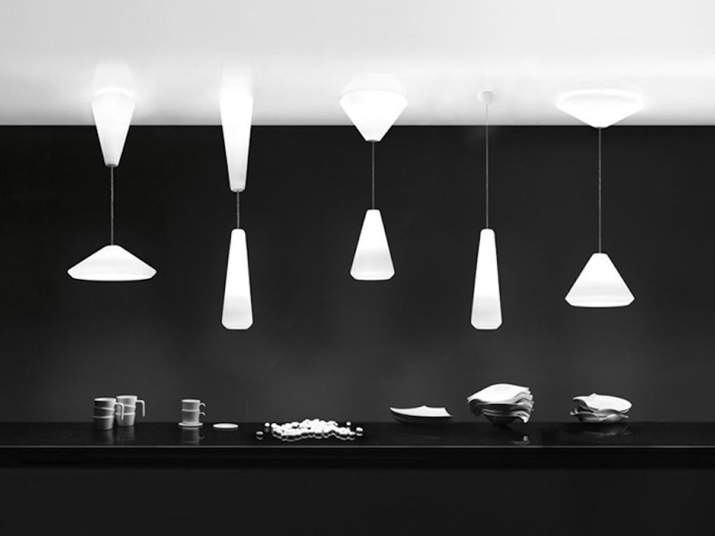 A collection of five single elements in matt-finish blown glass, which can be installed as pendants or ceiling fixtures and are ideal for energy saving bulbs. The double glass versions allow a double
switch system. 

Specifications: 
Light