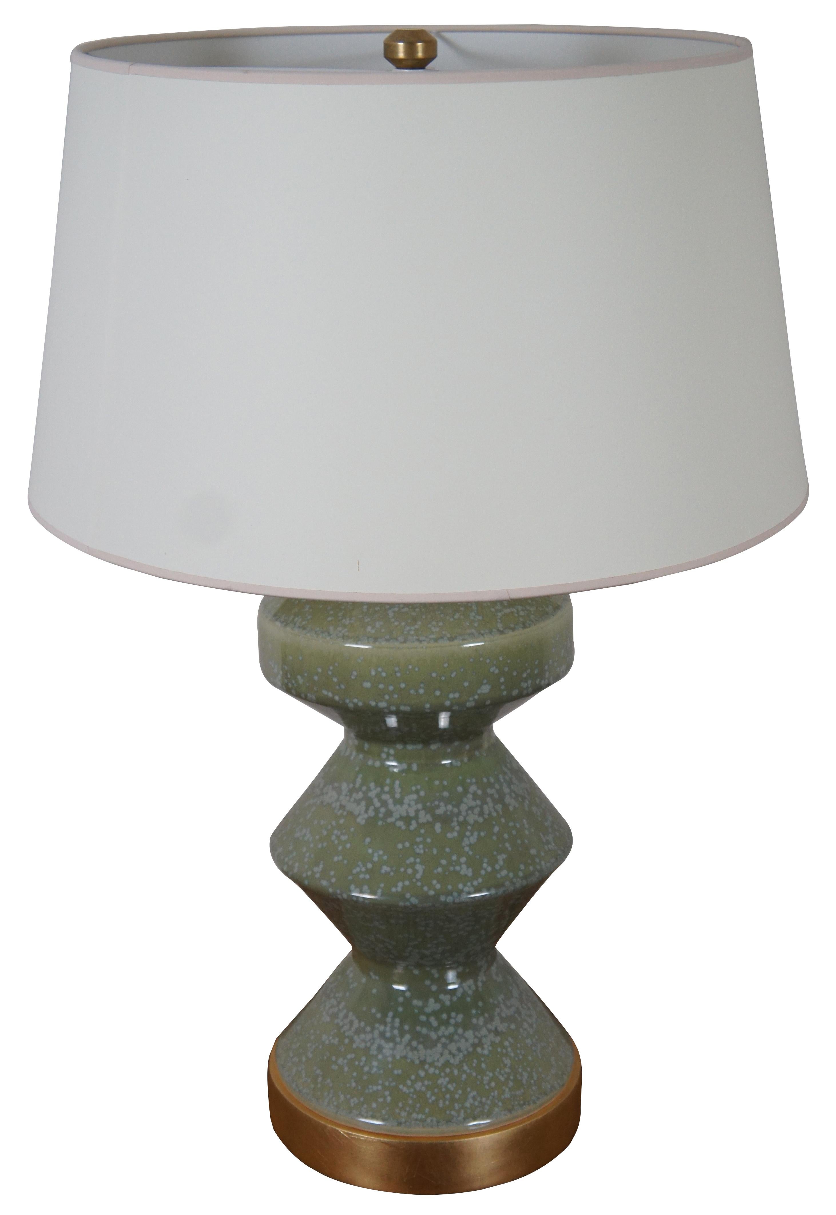 Visual Comfort & Company, E.F. Chapman & Myers Weller Zig-Zag earthenware table lamp in Shellish Kiwi reactive glaze with natural paper shade, product number CHA8666SHK. MSRP: $819

Measures: 8.25” x 20.25” / Shade – 19” x 10.5” / Total Height –