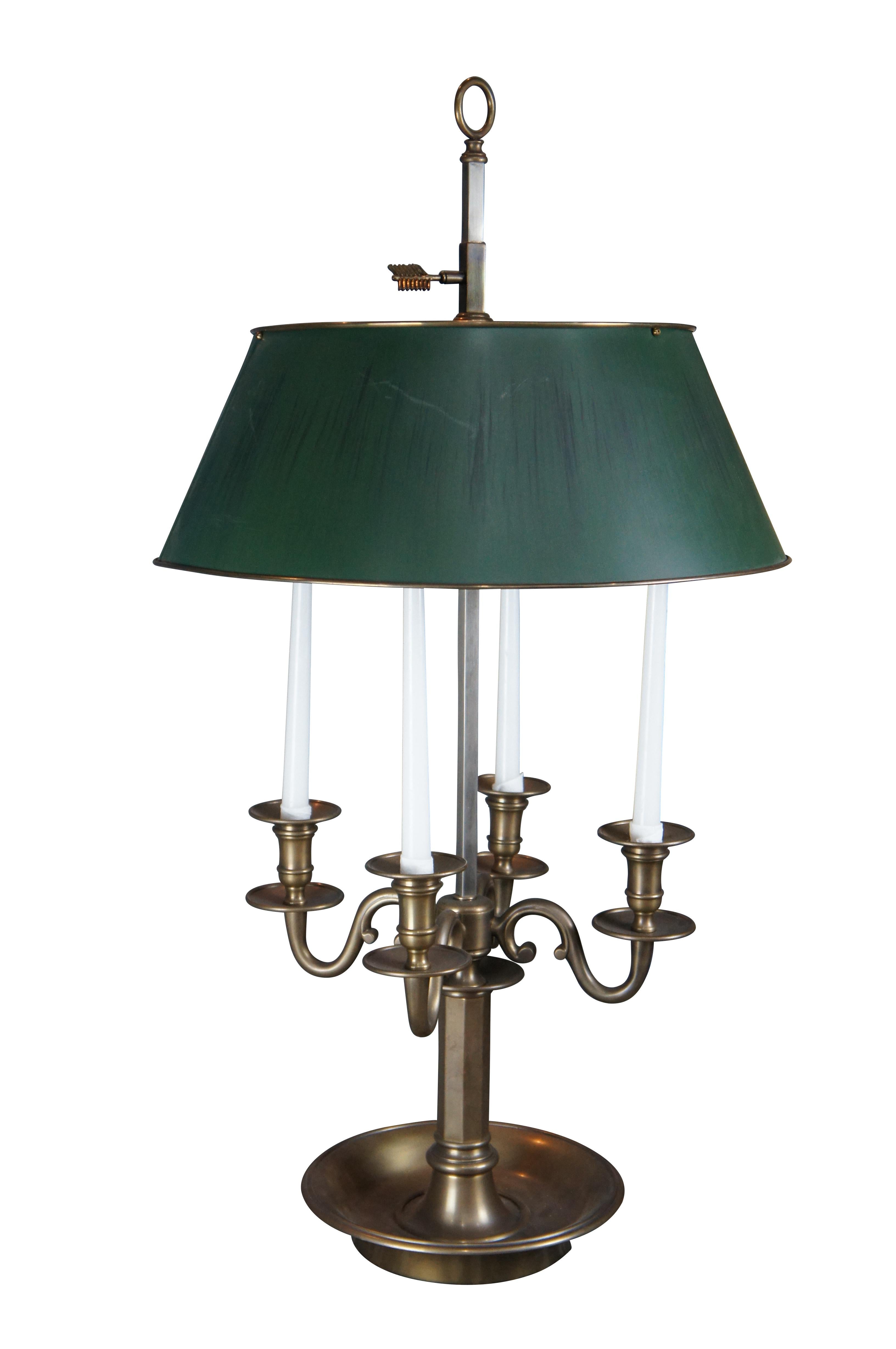 Large and Impressive late 20th century French inspired Bouillotte lamp by Visual Comfort. Features a four arm candelabra over hexagonal support and circular base. The lamp features a square shaped column with adjustable brass tole shade finished in