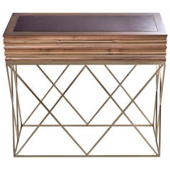 Visual Console, Carved Wood Top Upon a Base of Thin Crossing Bronze Bars Console