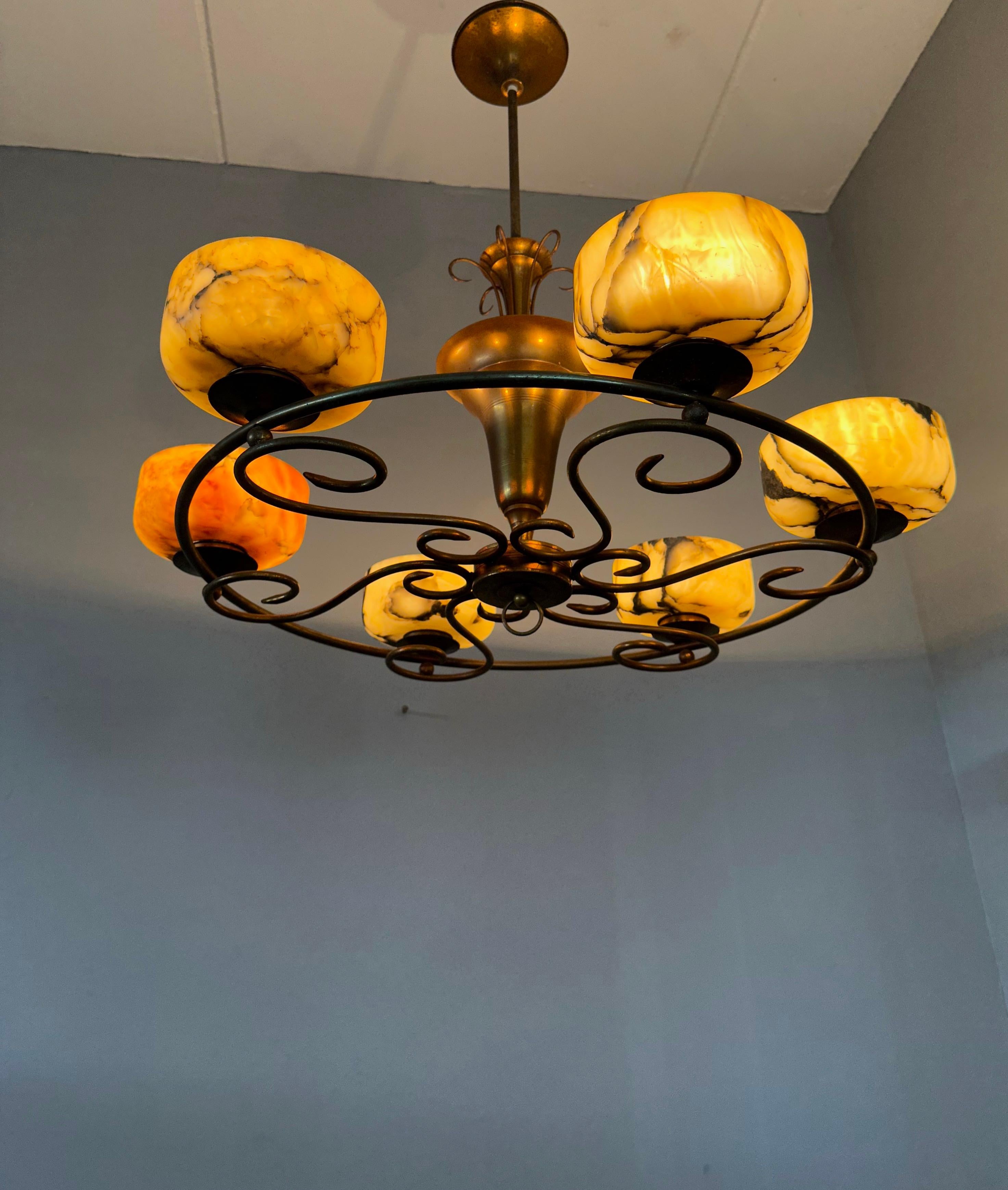 Visually Striking MidCentury Modern Alabaster and Brass Chandelier