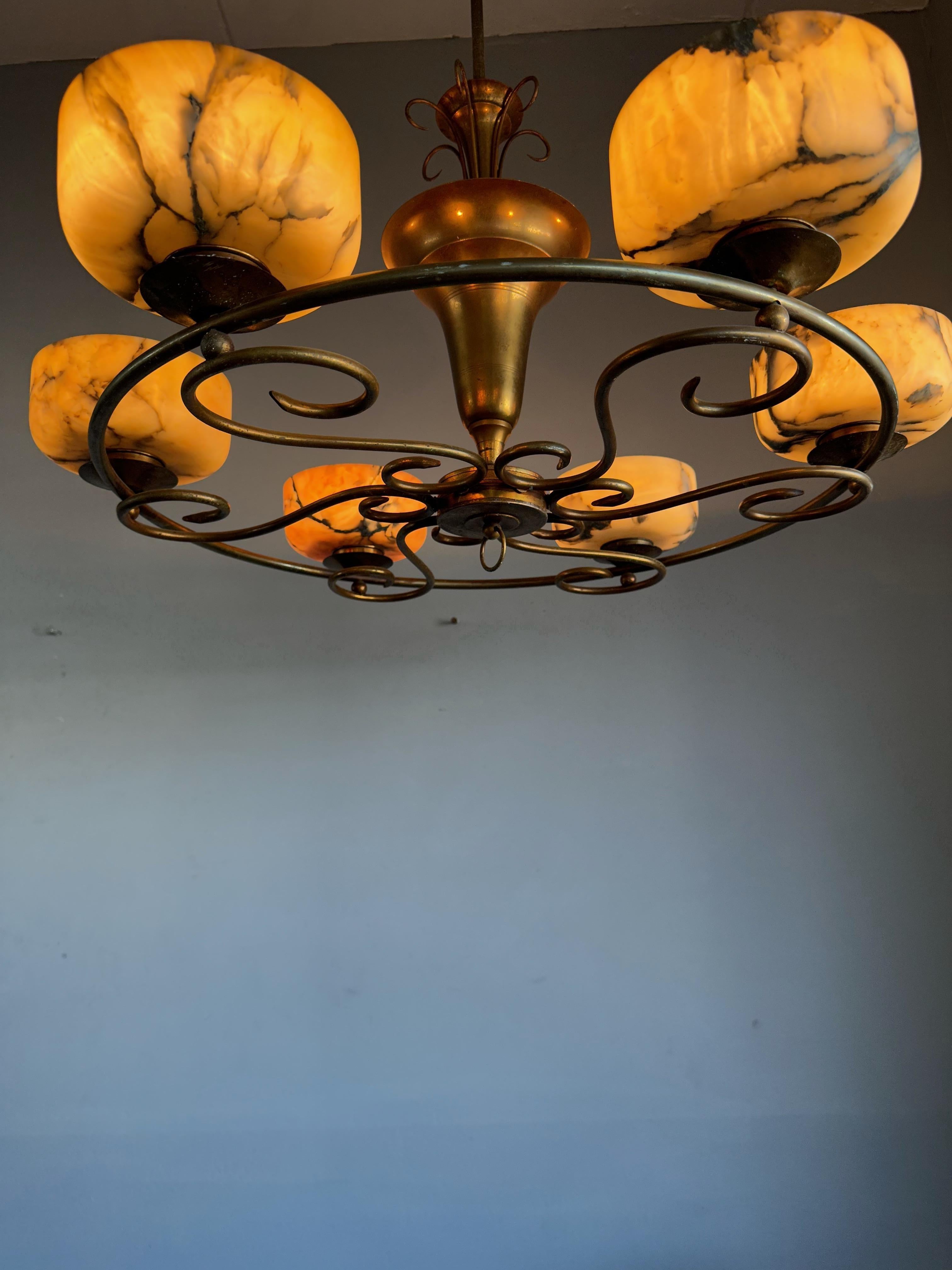 Visually Striking MidCentury Modern Alabaster and Brass Chandelier