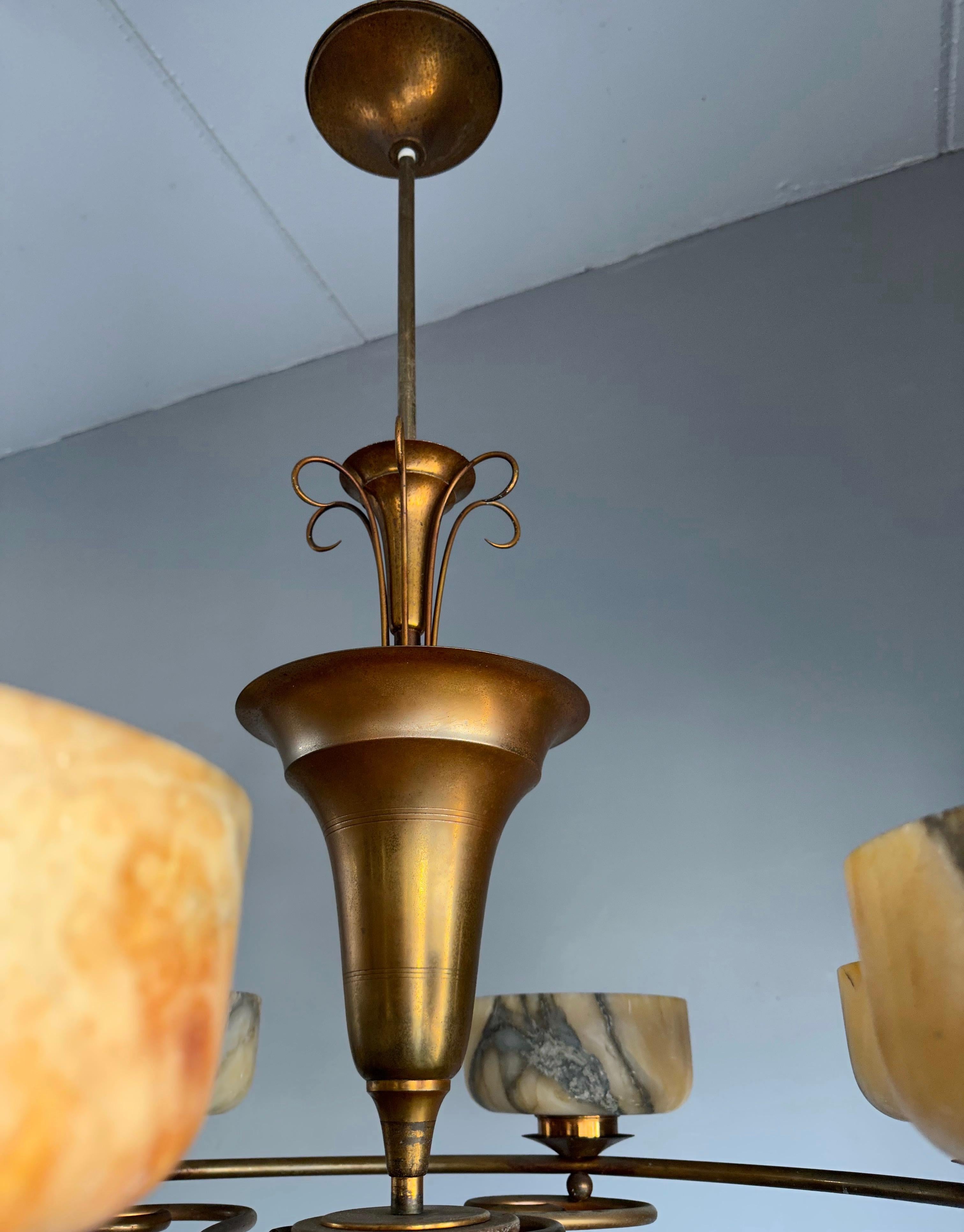 Visually Striking MidCentury Modern Alabaster and Brass Chandelier