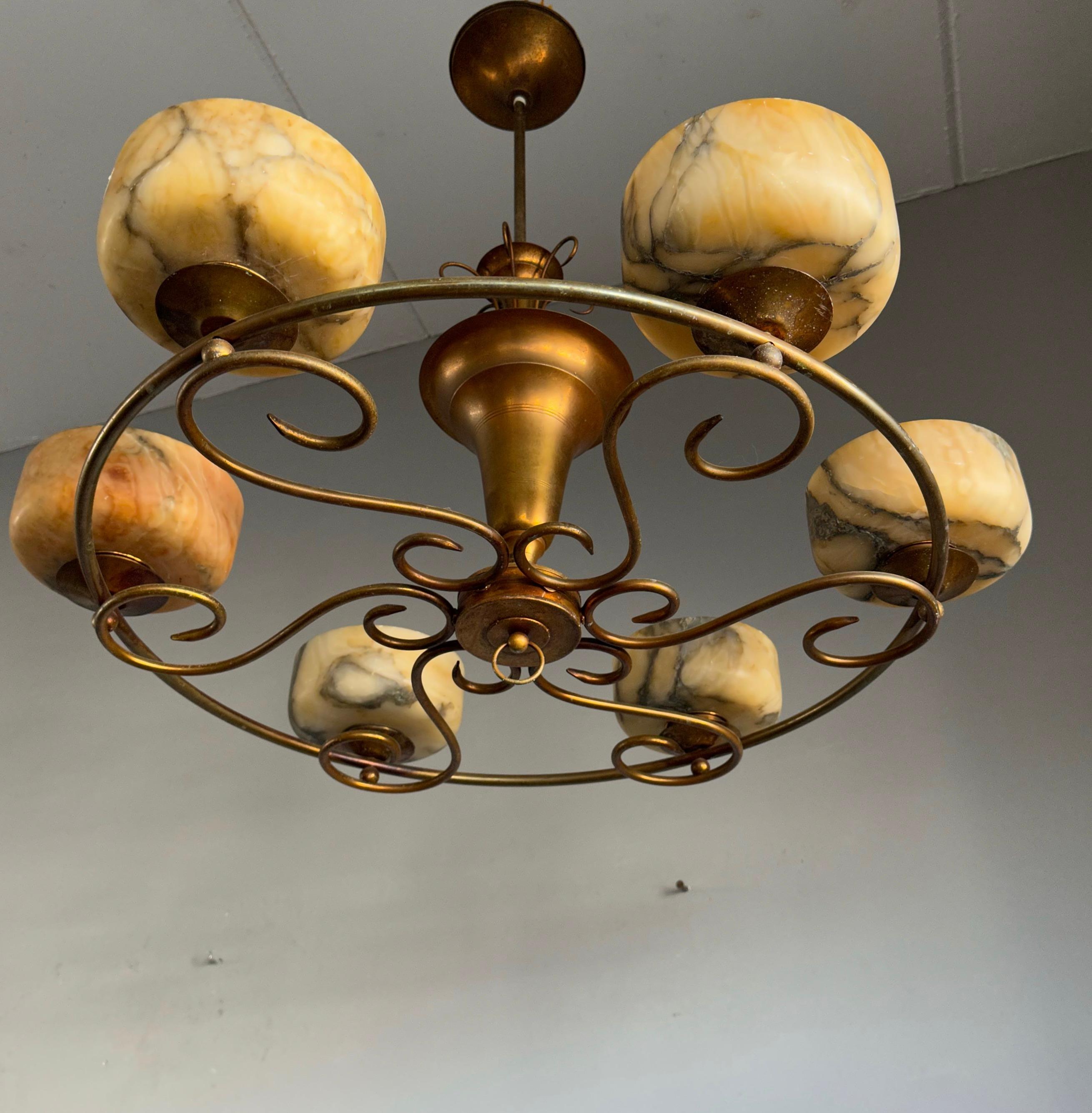 Visually Striking MidCentury Modern Alabaster and Brass Chandelier