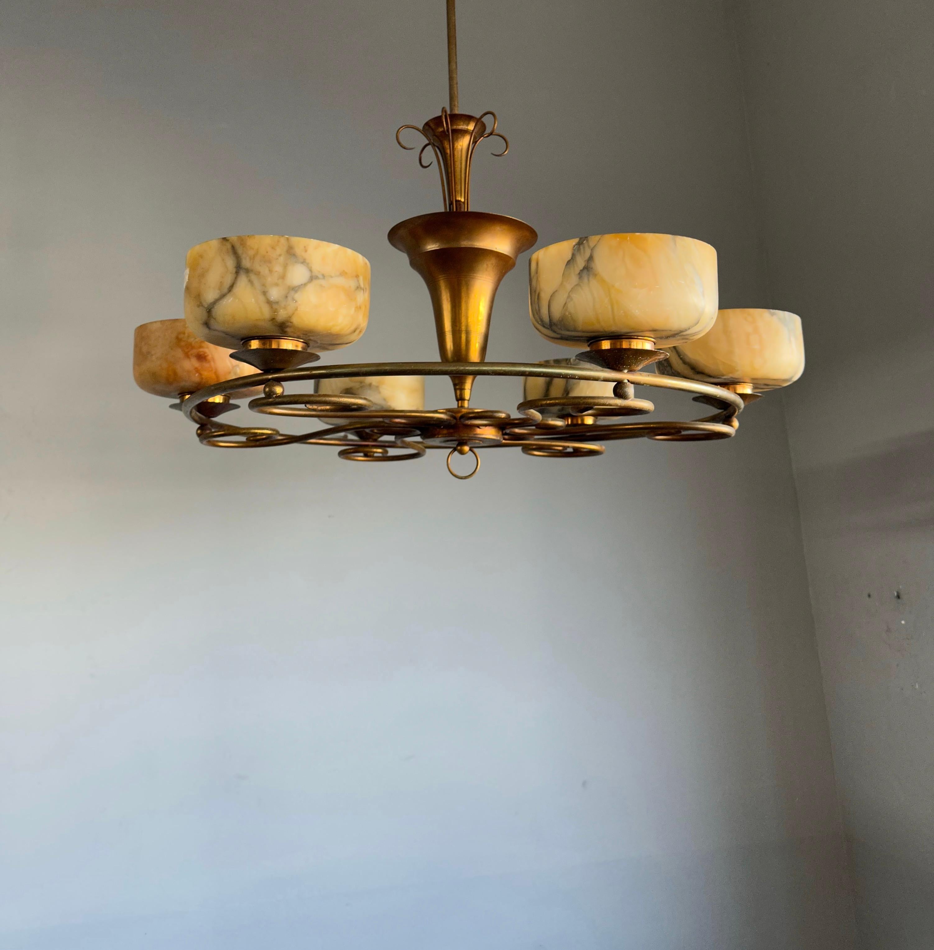 Visually Striking MidCentury Modern Alabaster and Brass Chandelier