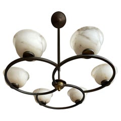 Visually Striking Mid-Century Modern Alabaster 
Brass Chandelier Pendant Light