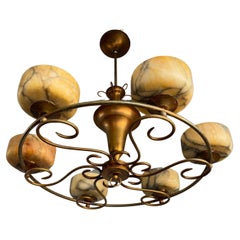 Visually Striking Mid-Century Modern Alabaster & Brass Chandelier Pendant Light