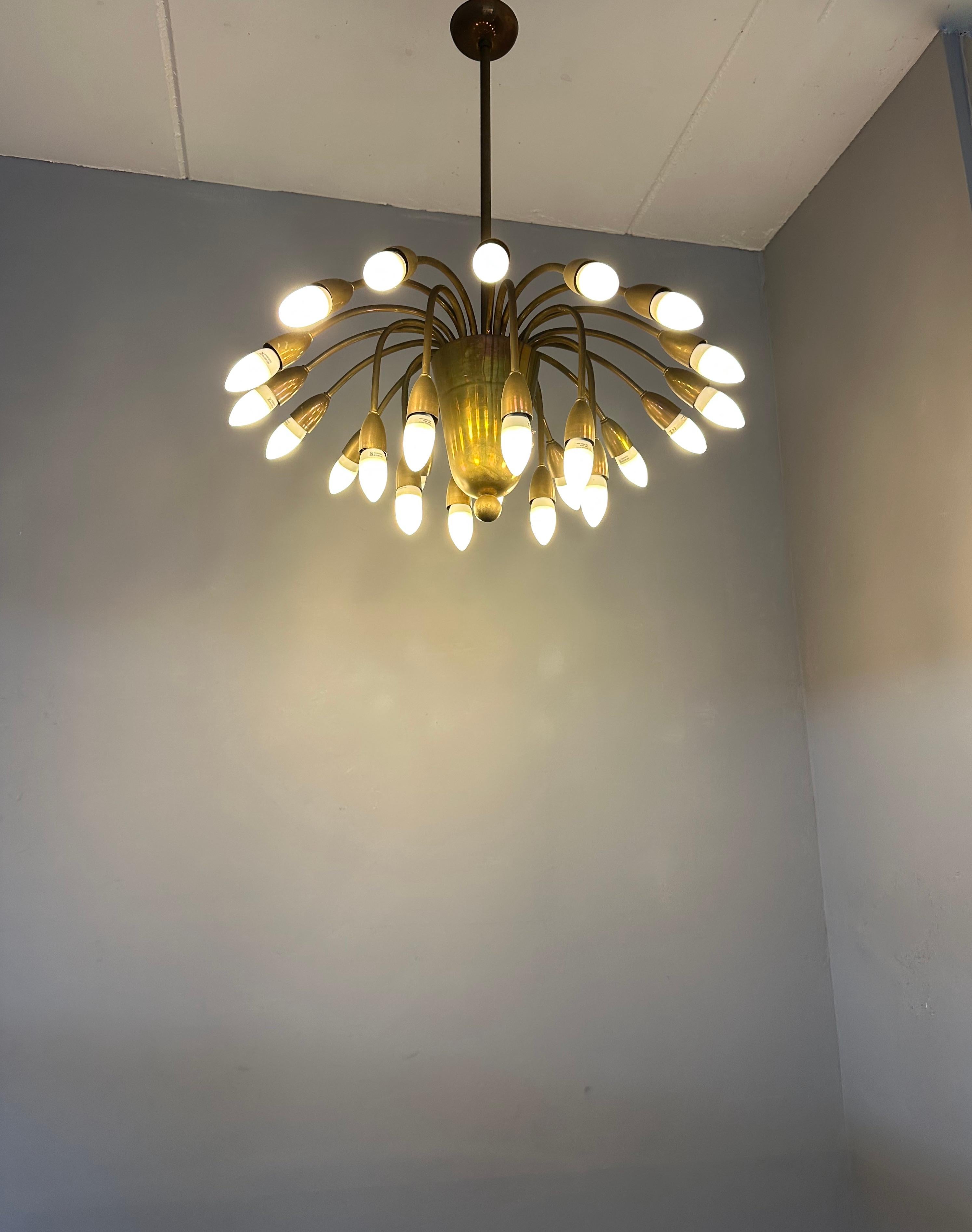 Art Deco Visually Striking Mid-Century Modern Brass 24 Arm / Light Chandelier Pendant  For Sale