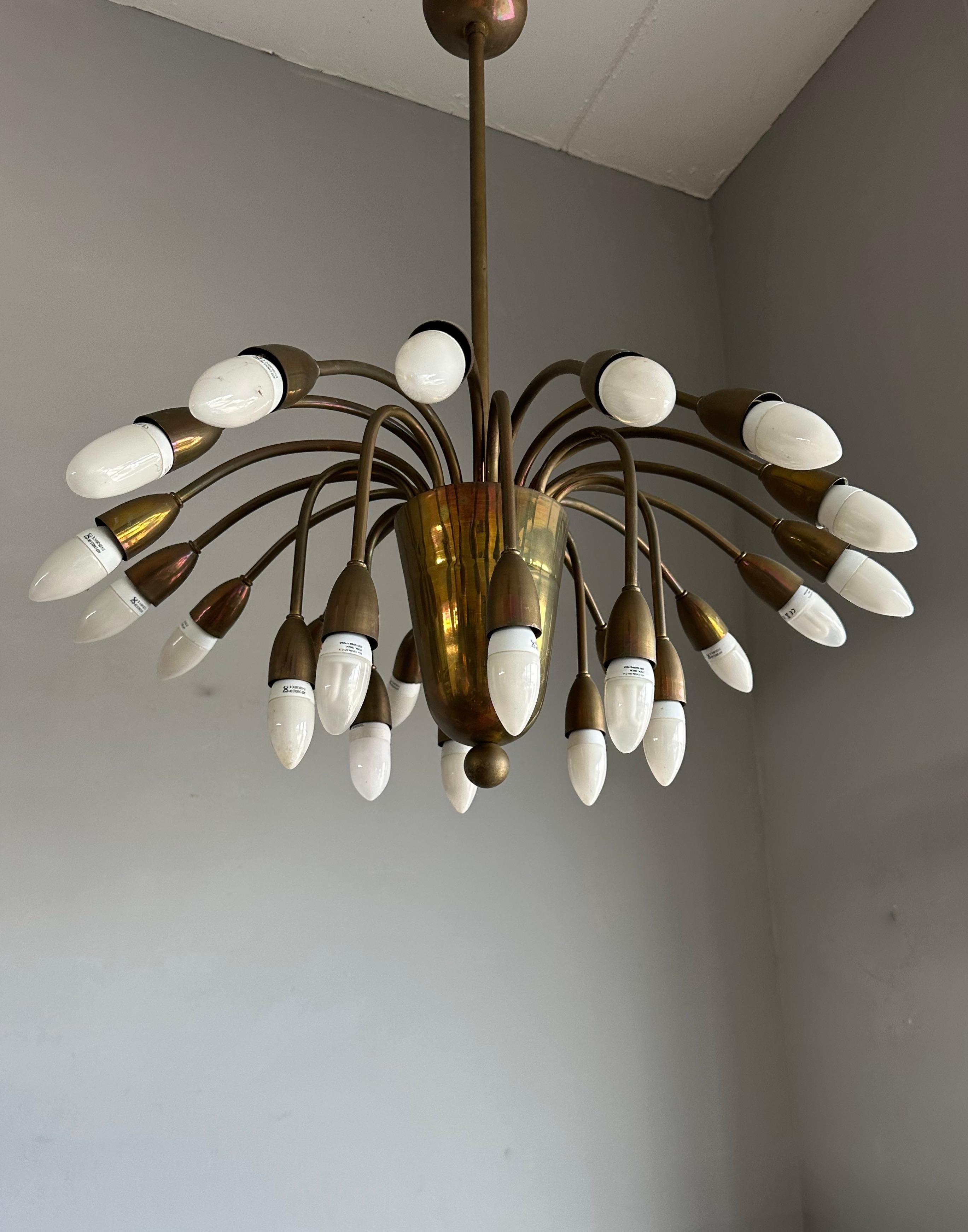 Cast Visually Striking Mid-Century Modern Brass 24 Arm / Light Chandelier Pendant  For Sale