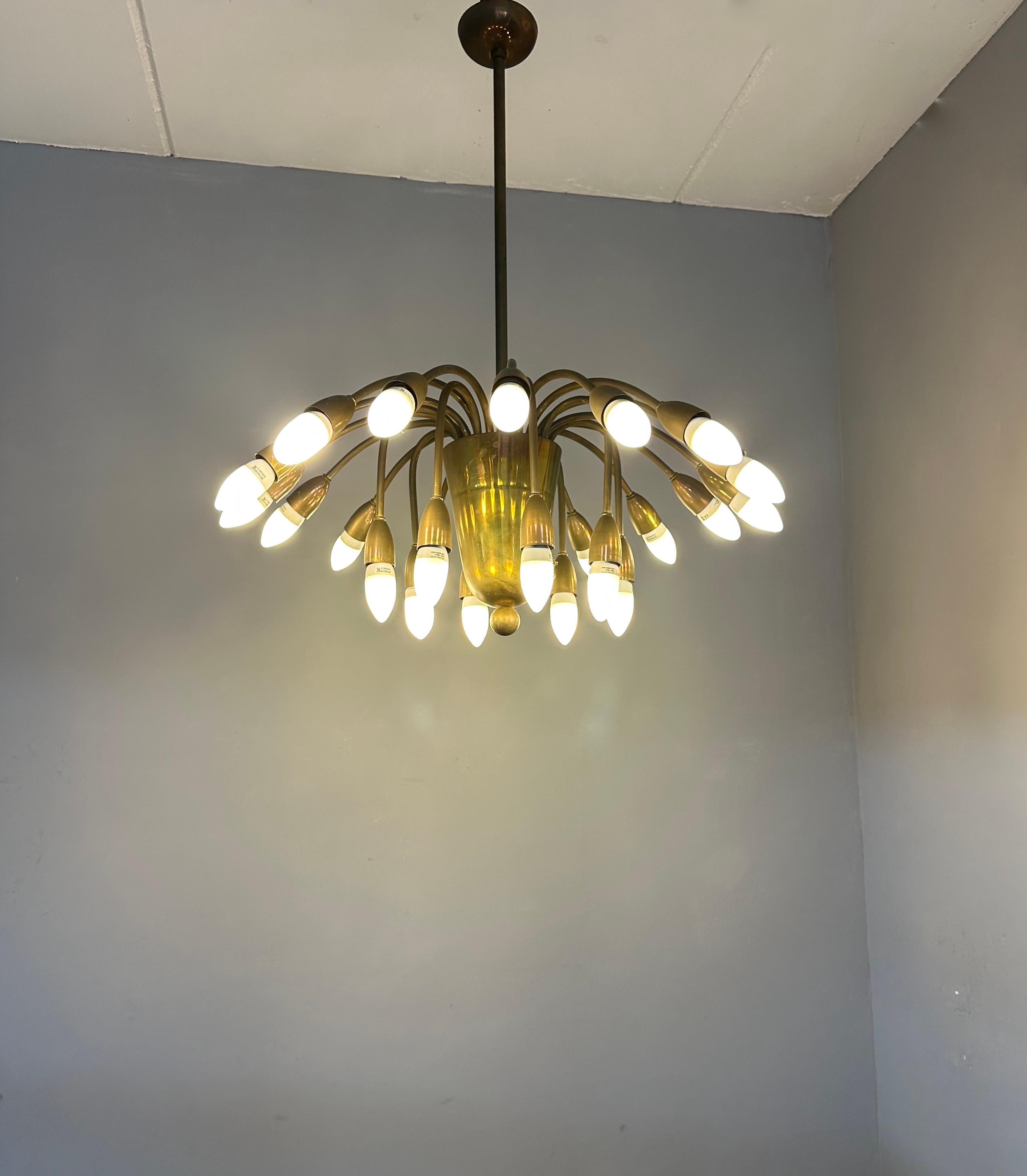 20th Century Visually Striking Mid-Century Modern Brass 24 Arm / Light Chandelier Pendant  For Sale