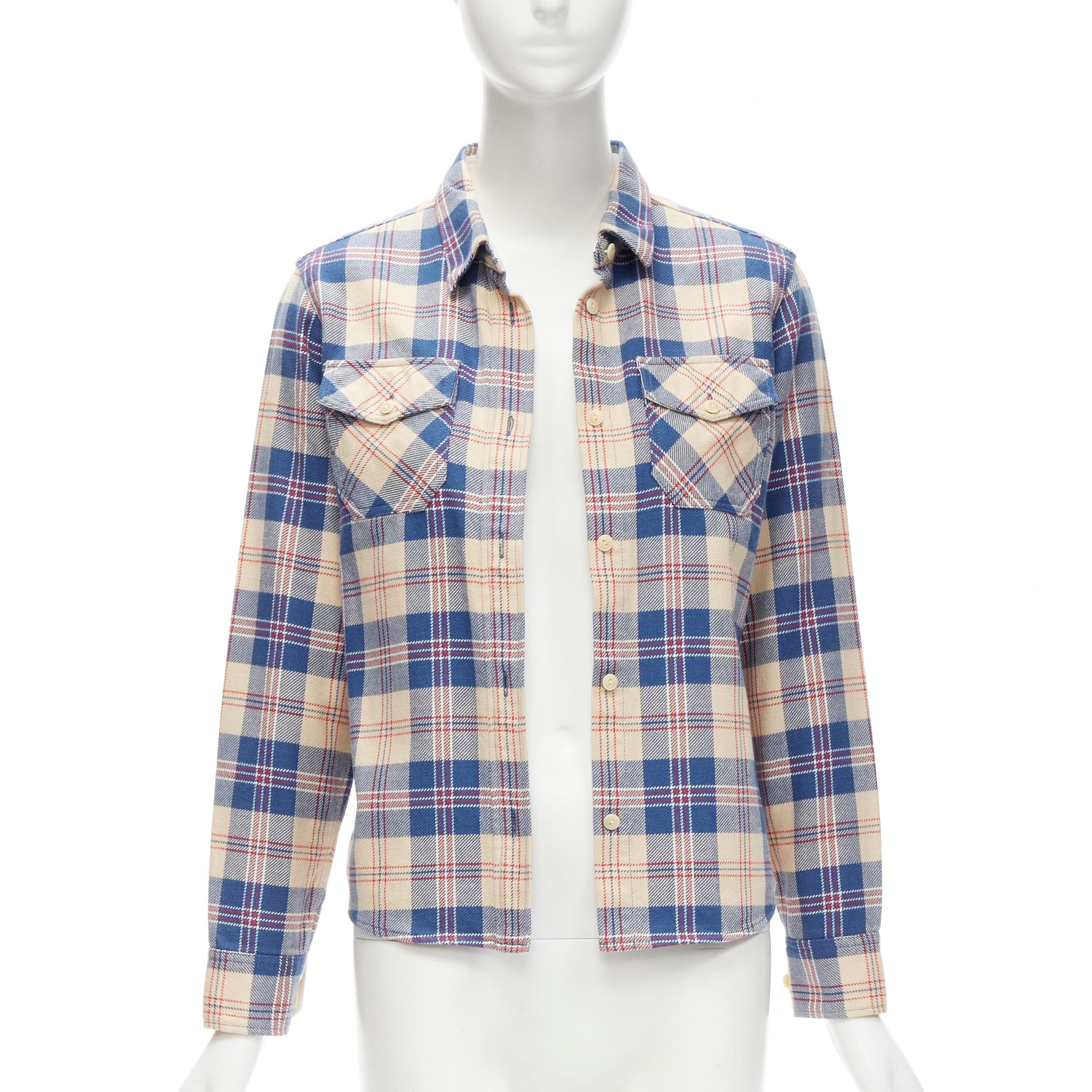 Gray VISVIM cotton blue beige plaid flap pockets button down shirt JP0 XS For Sale