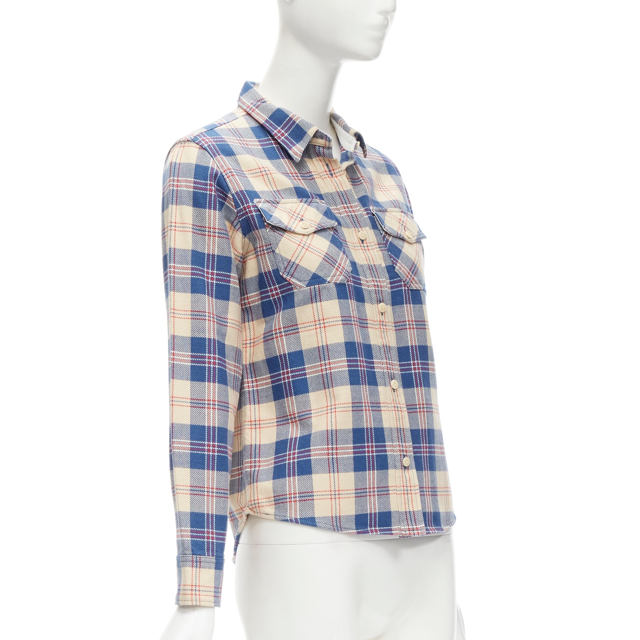 VISVIM cotton blue beige plaid flap pockets button down shirt JP0 XS In Excellent Condition For Sale In Hong Kong, NT