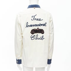 VISVIM Greaser off white cotton embroidered blue collar trucker shirt JP4 XL