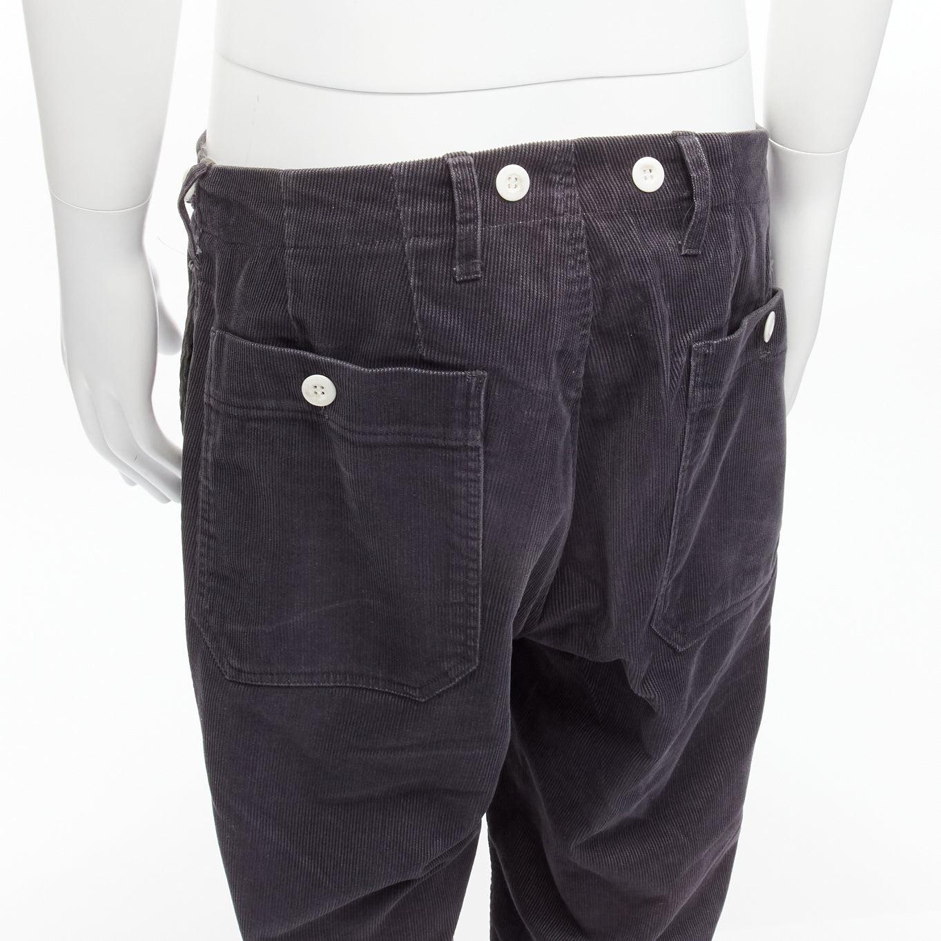 VISVIM grey cotton blend corduroy button embellished low rise wide pants L For Sale 2