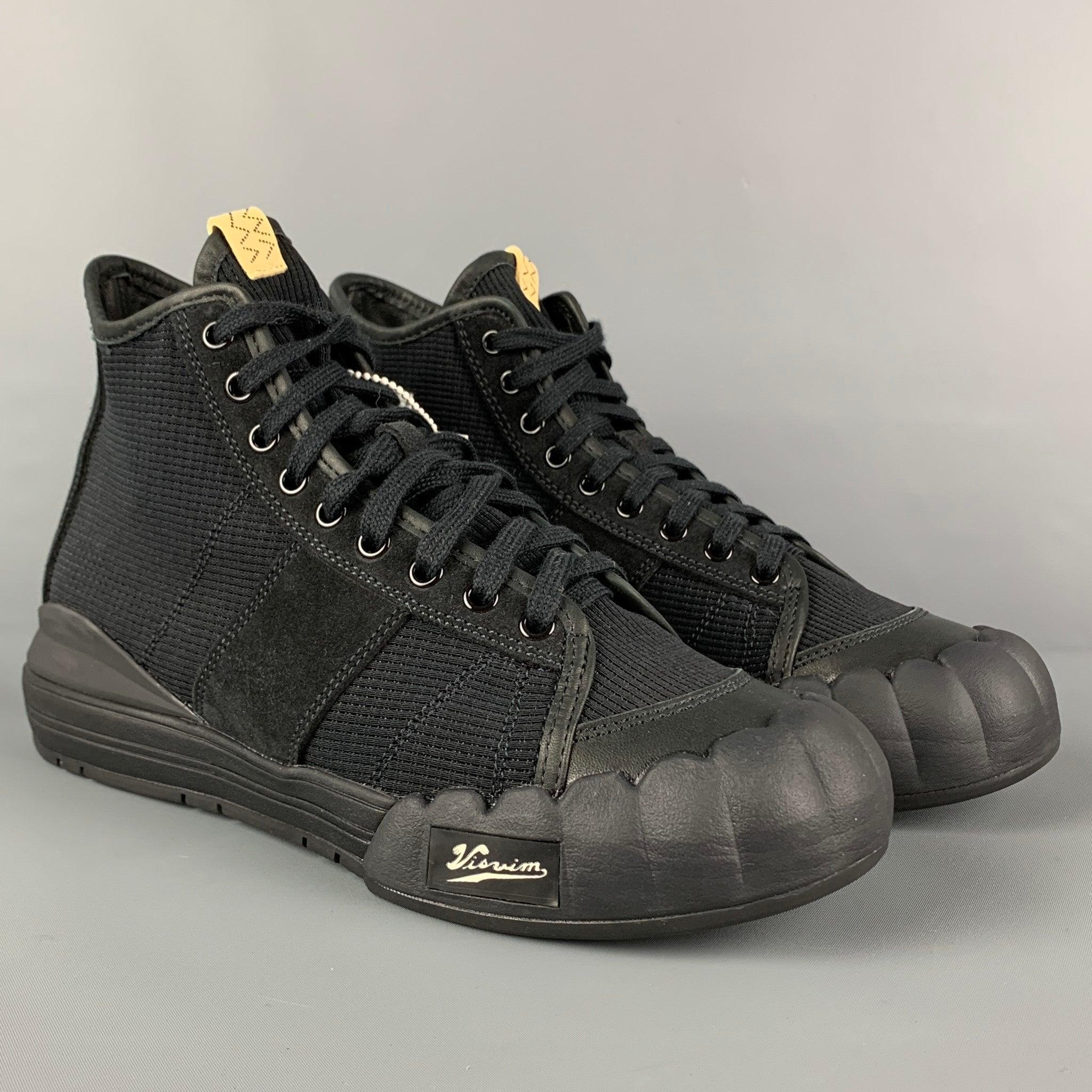 VISVIM 'Lanier' sneakers comes in a black paneled rib knit with a leather and suede trim throughout featuring a high-top style, rubberized to and heel, leather lining, and a lace up closure.
New With Box.
 

Marked:   10.5Outsole: 12 inches  x 4