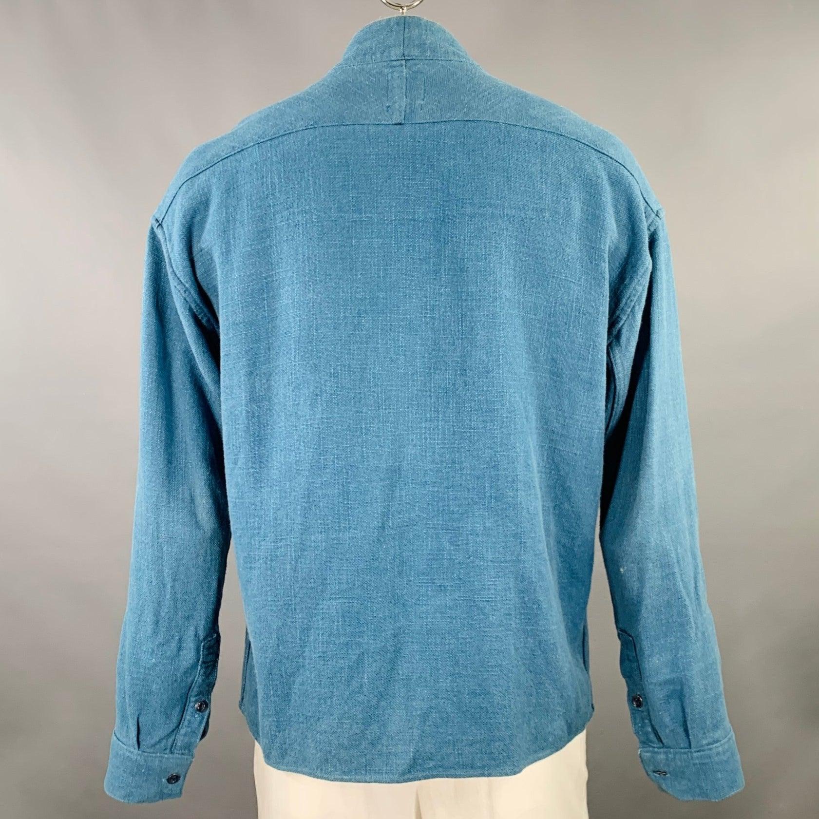 VISVIM Size XL Lhamo Blue Woven Rayon Linen Collarless Long Sleeve Shirt In Good Condition In San Francisco, CA