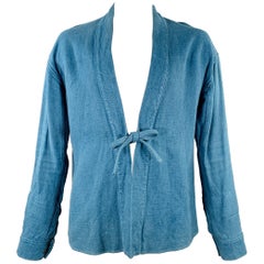 VISVIM Taglia XL Lhamo Blu Tessuto Rayon Lino Senza Colletto Camicia Manica Lunga