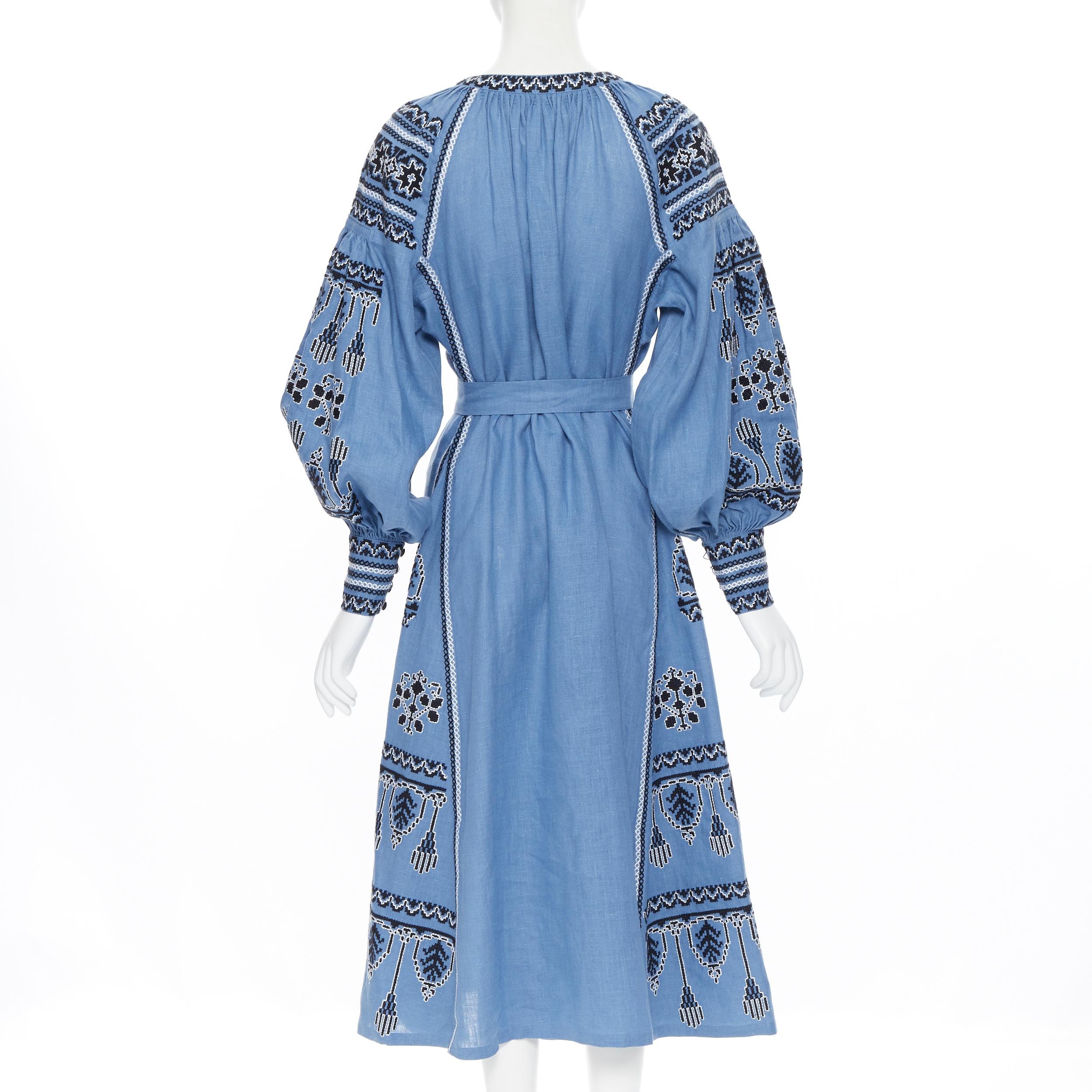 Blue VITA KIN blue linen black white ethnic embroidered puff sleeve belted dress XS