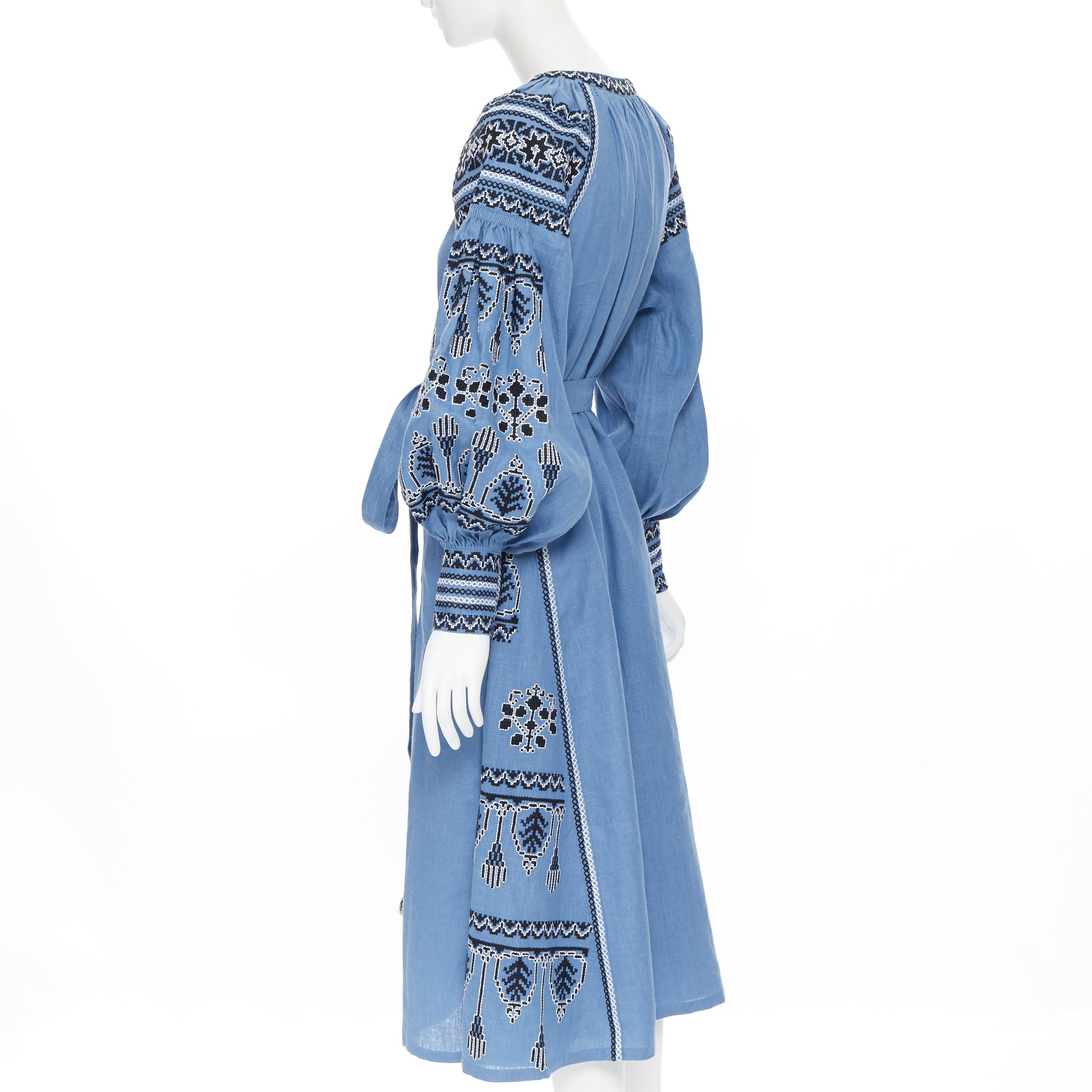 VITA KIN blue linen black white ethnic embroidered puff sleeve belted dress XS In Excellent Condition In Hong Kong, NT