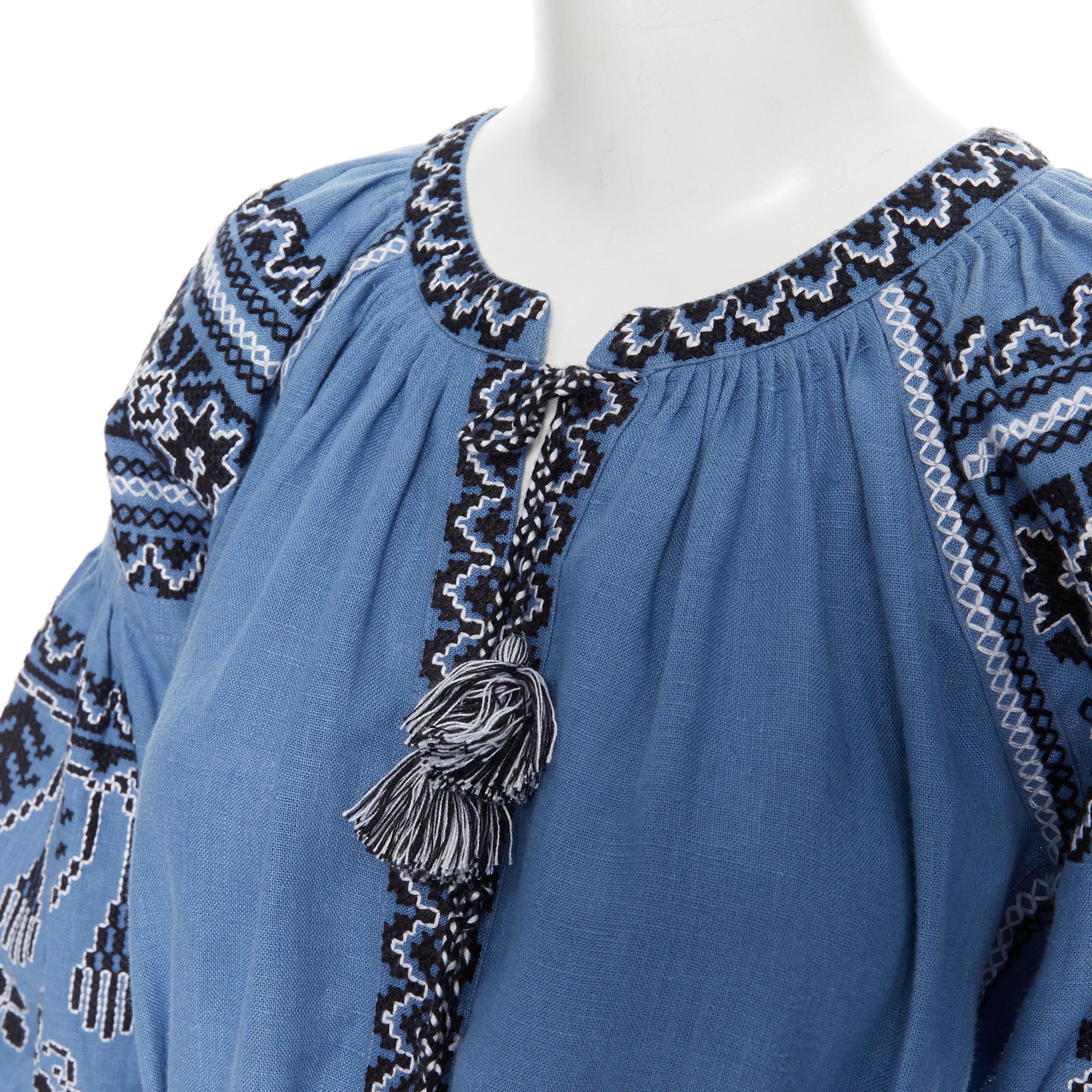 Women's VITA KIN blue linen black white ethnic embroidered puff sleeve belted dress XS