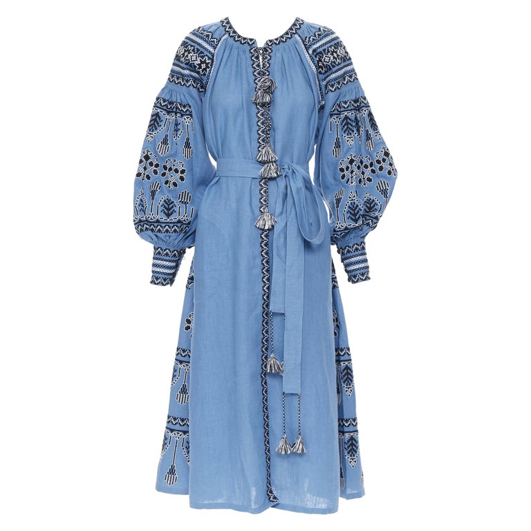 VITA KIN blue linen black white ethnic embroidered puff sleeve belted ...